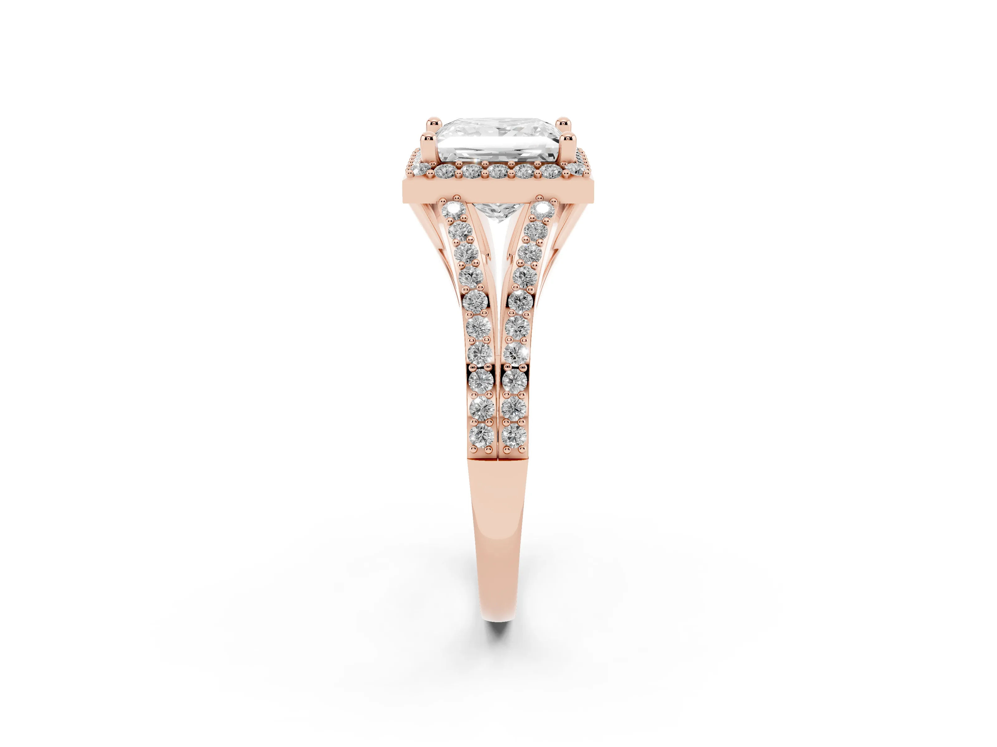 Princess Cut Diamond Halo Split Shank Pavé Ring Set in Rose gold with Prong Setting