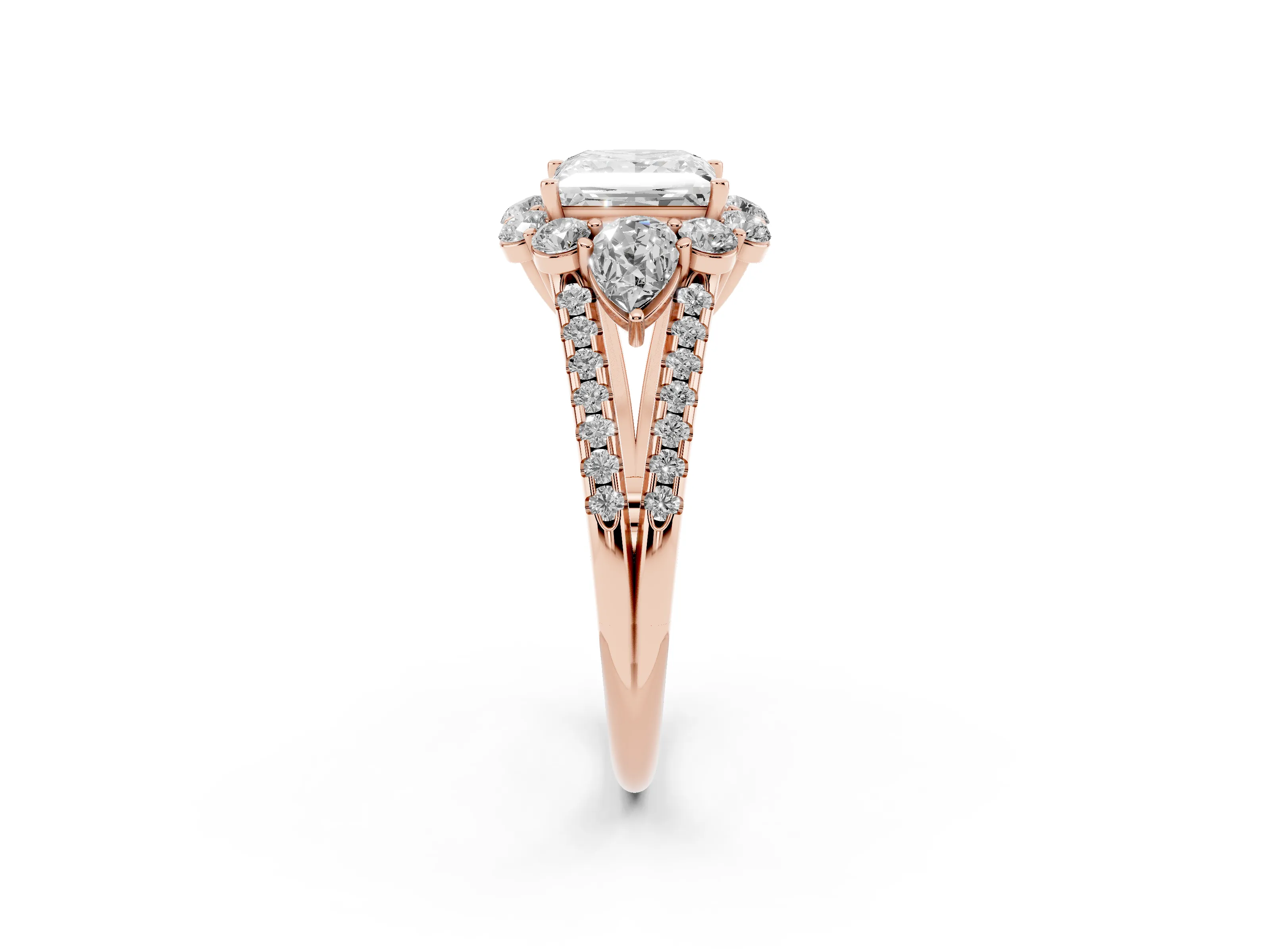 Princess Cut Diamond Halo Split Shank Engagement Ring Set in Rose gold with Prong-Held Center Stone