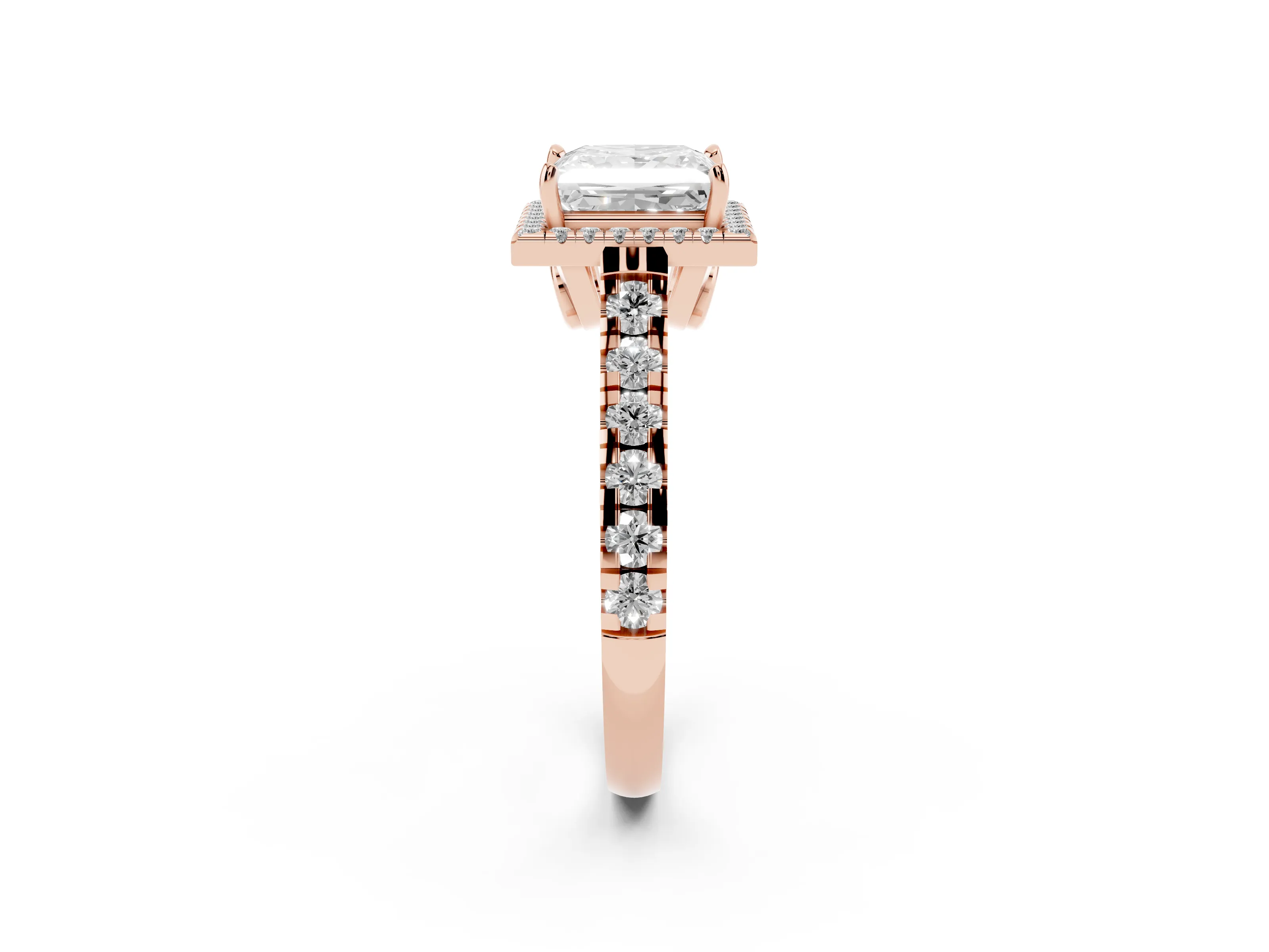 Princess Cut Diamond Halo Engagement Ring Set in Rose gold with Pavé Band and Prong-Set Center