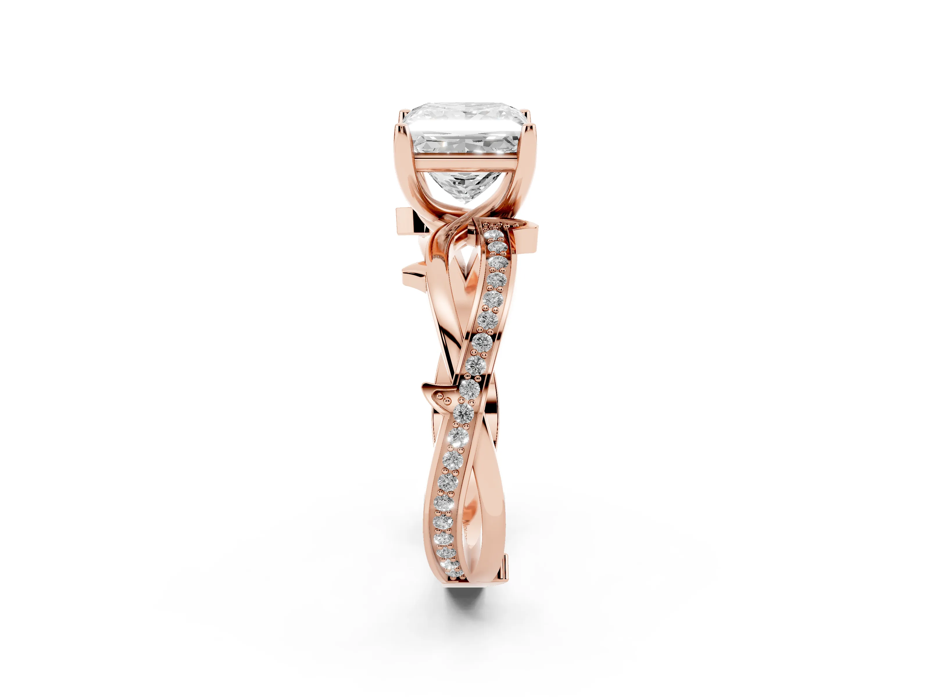 Princess Cut Diamond Pavé Twist Band Solitaire Ring Set in Rose gold with Prong Setting