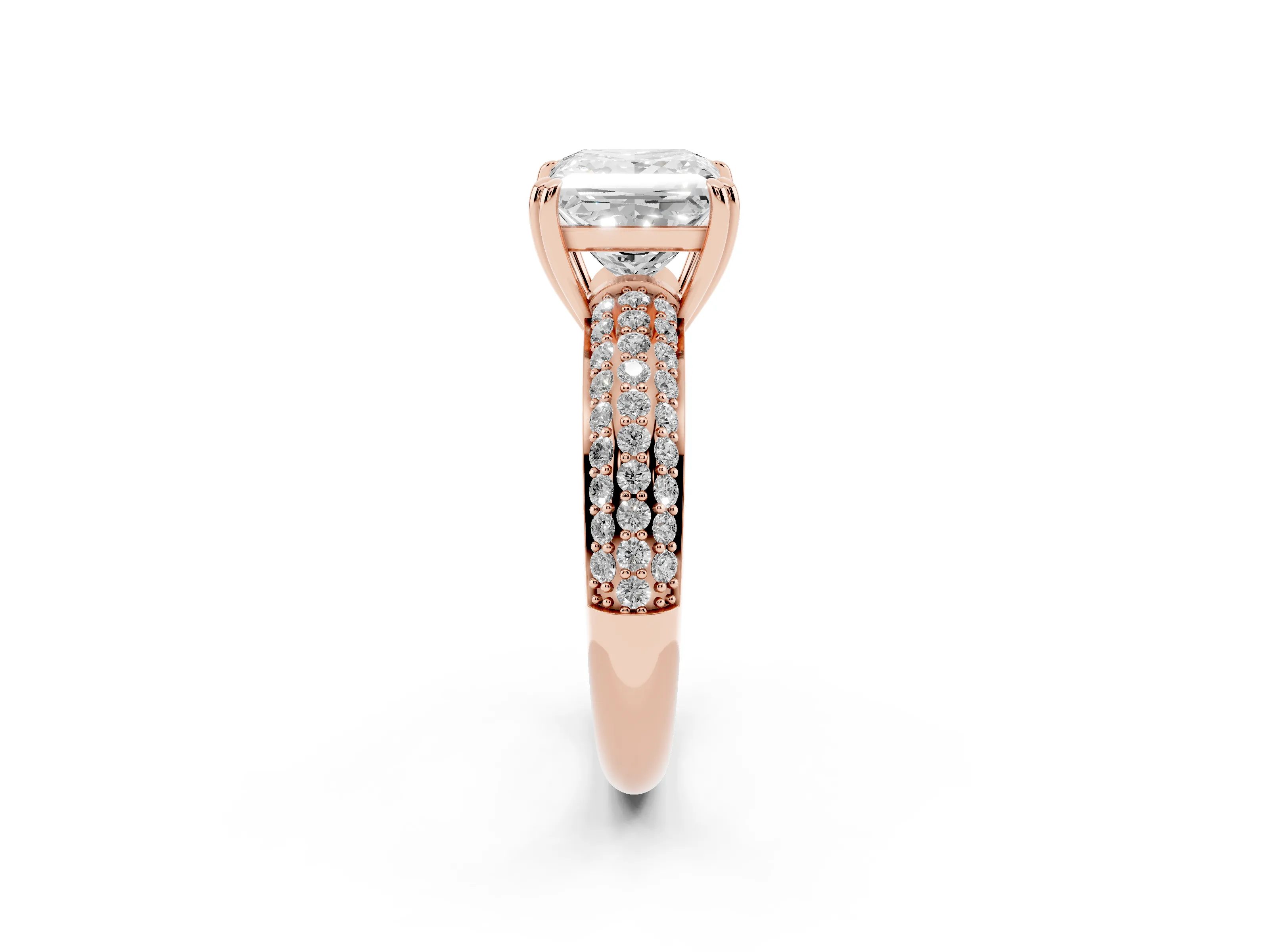 Princess Cut Diamond Solitaire Ring Set in Rose gold with Multi-Row Round Pavé Band and Prong Setting