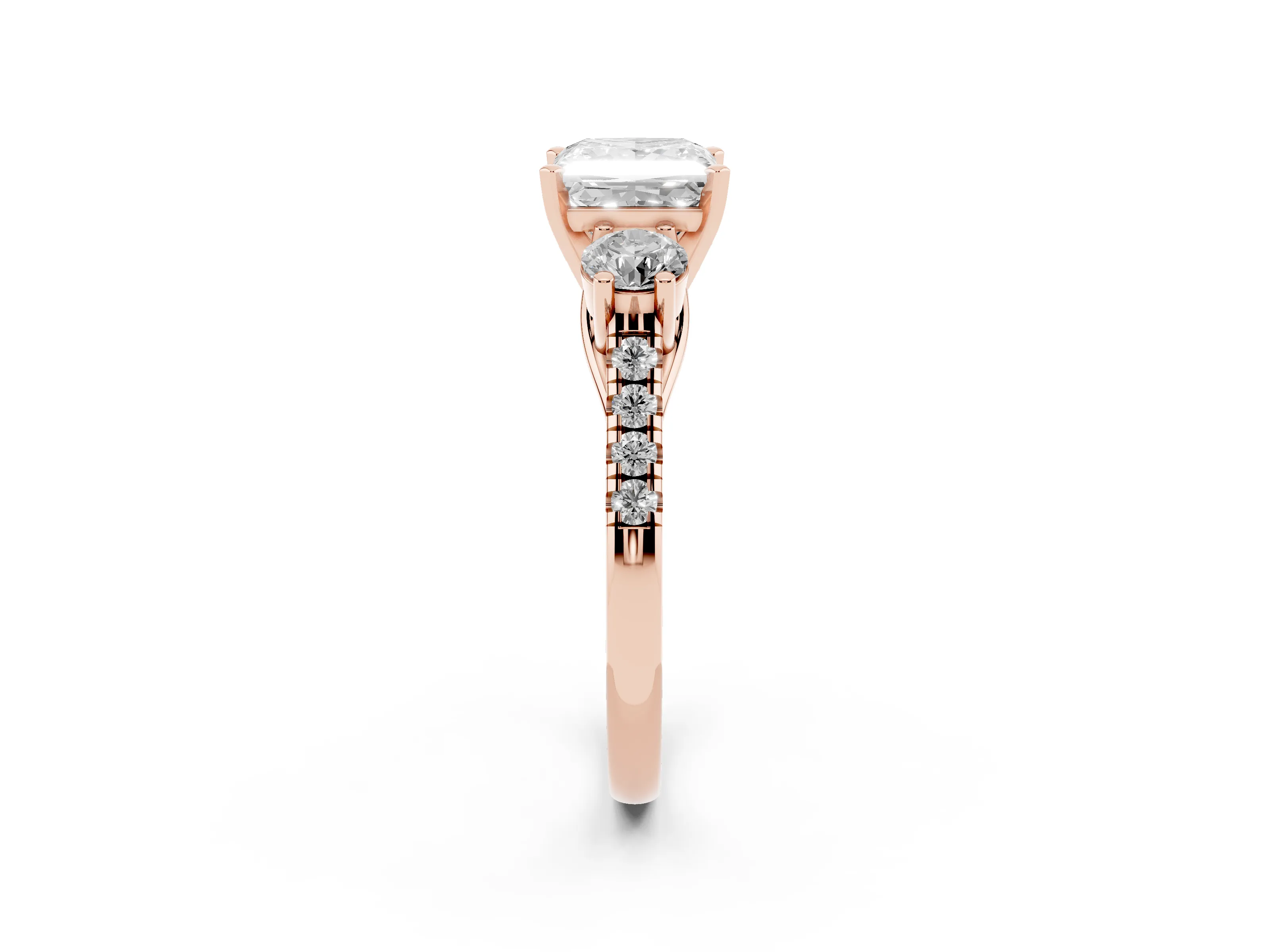 Three-Stone Princess Cut Diamond Pavé Band Ring Set in Rose gold with Prong-Set Trio