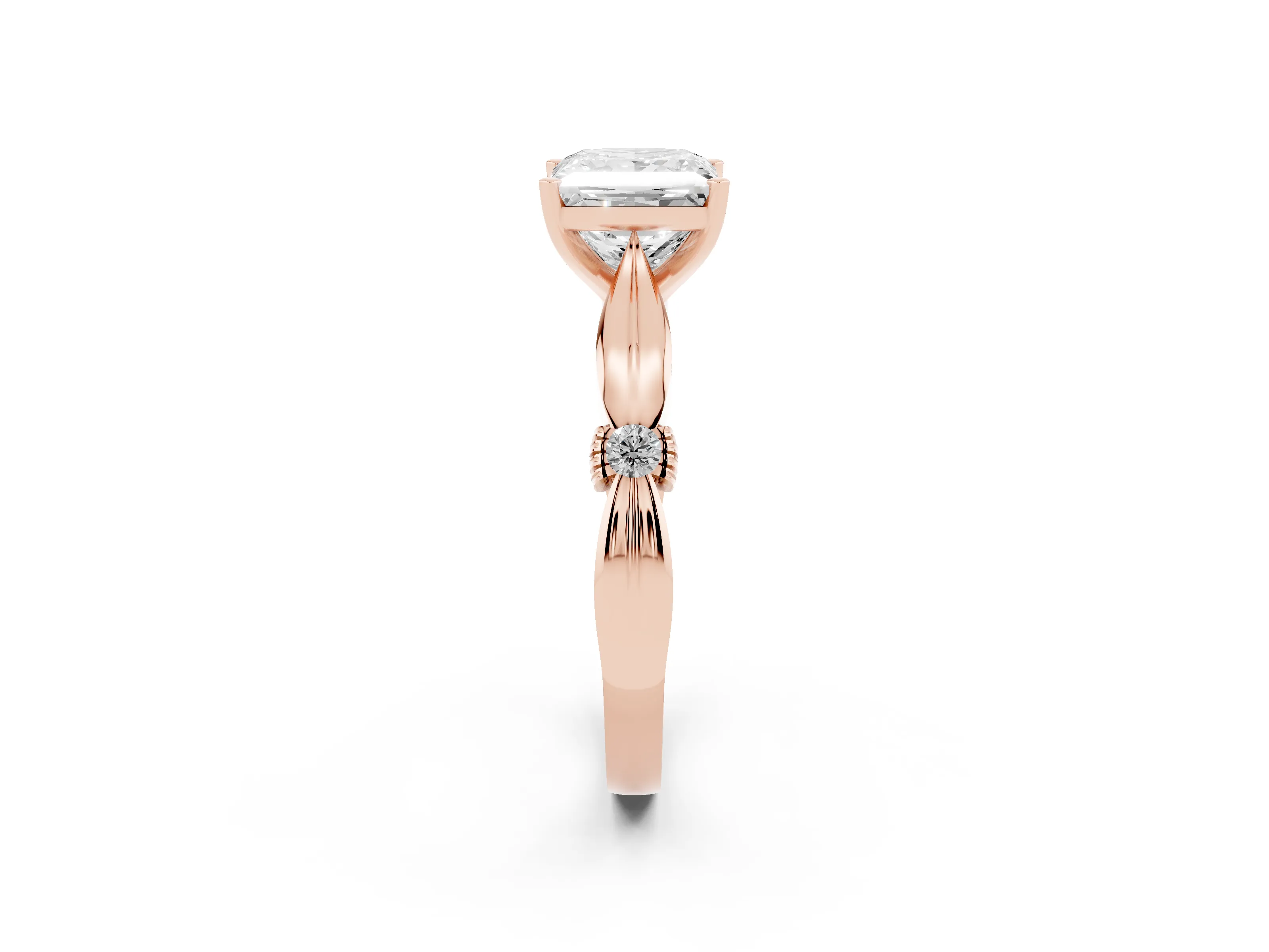 Princess Cut Diamond Solitaire Twisted Band Ring Set in Rose gold with Accent Stones and Prong Setting
