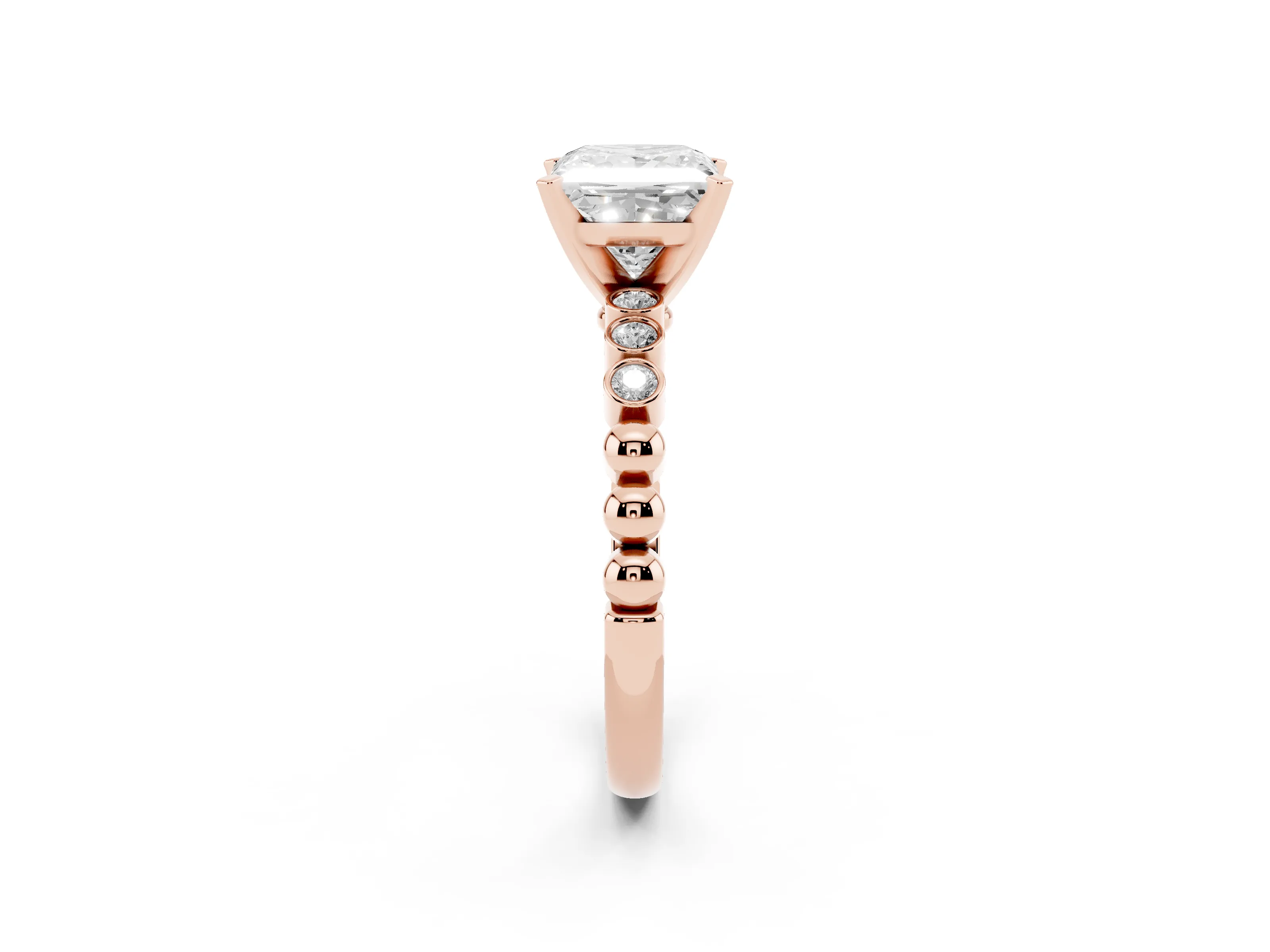 Princess Cut Diamond Solitaire Engagement Ring Set in Rose gold with Bezel Accents on Beaded Band