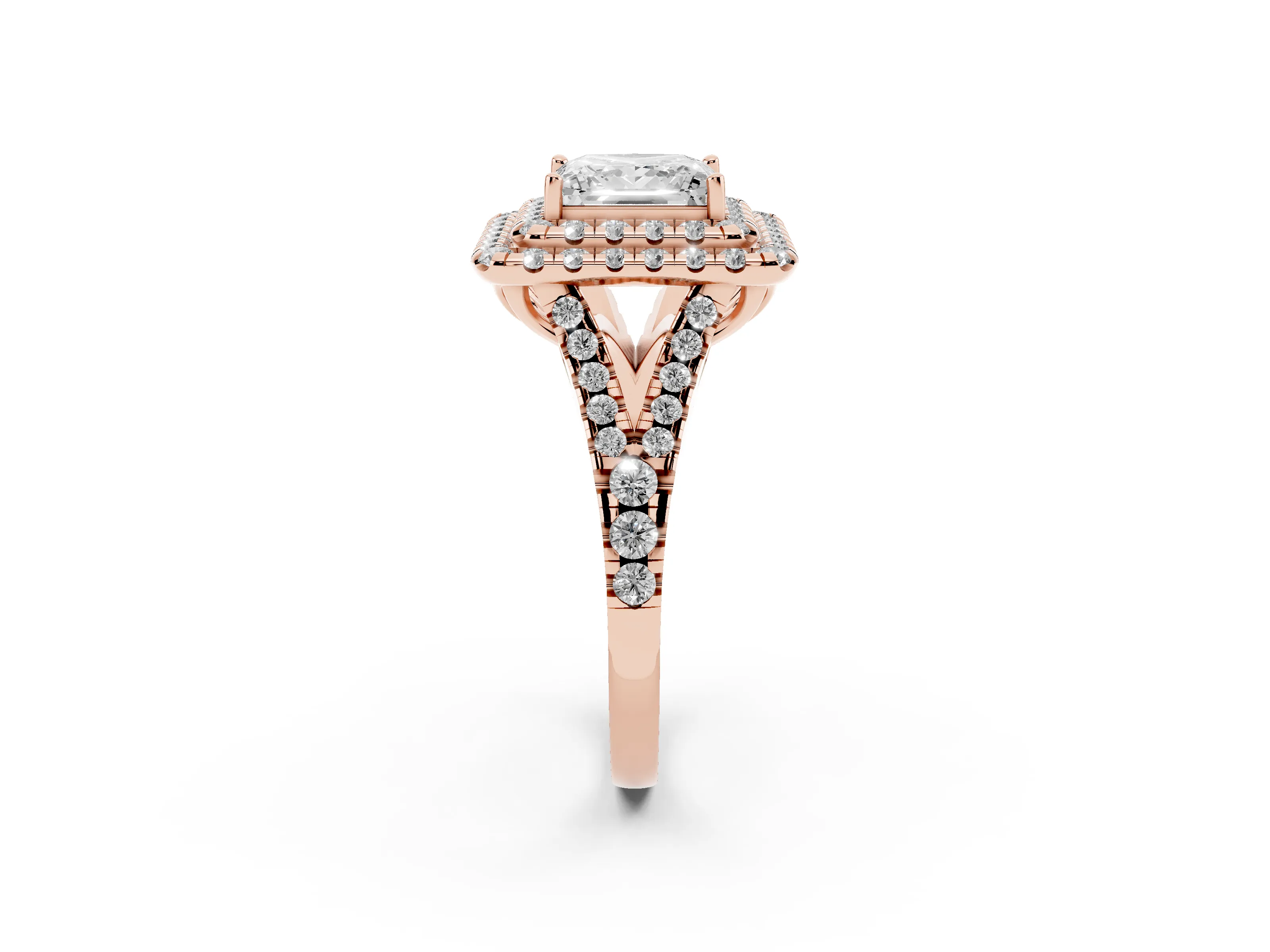 Princess Cut Diamond Double Halo Ring Set in Rose gold with Pavé Split Shank and Prong Setting