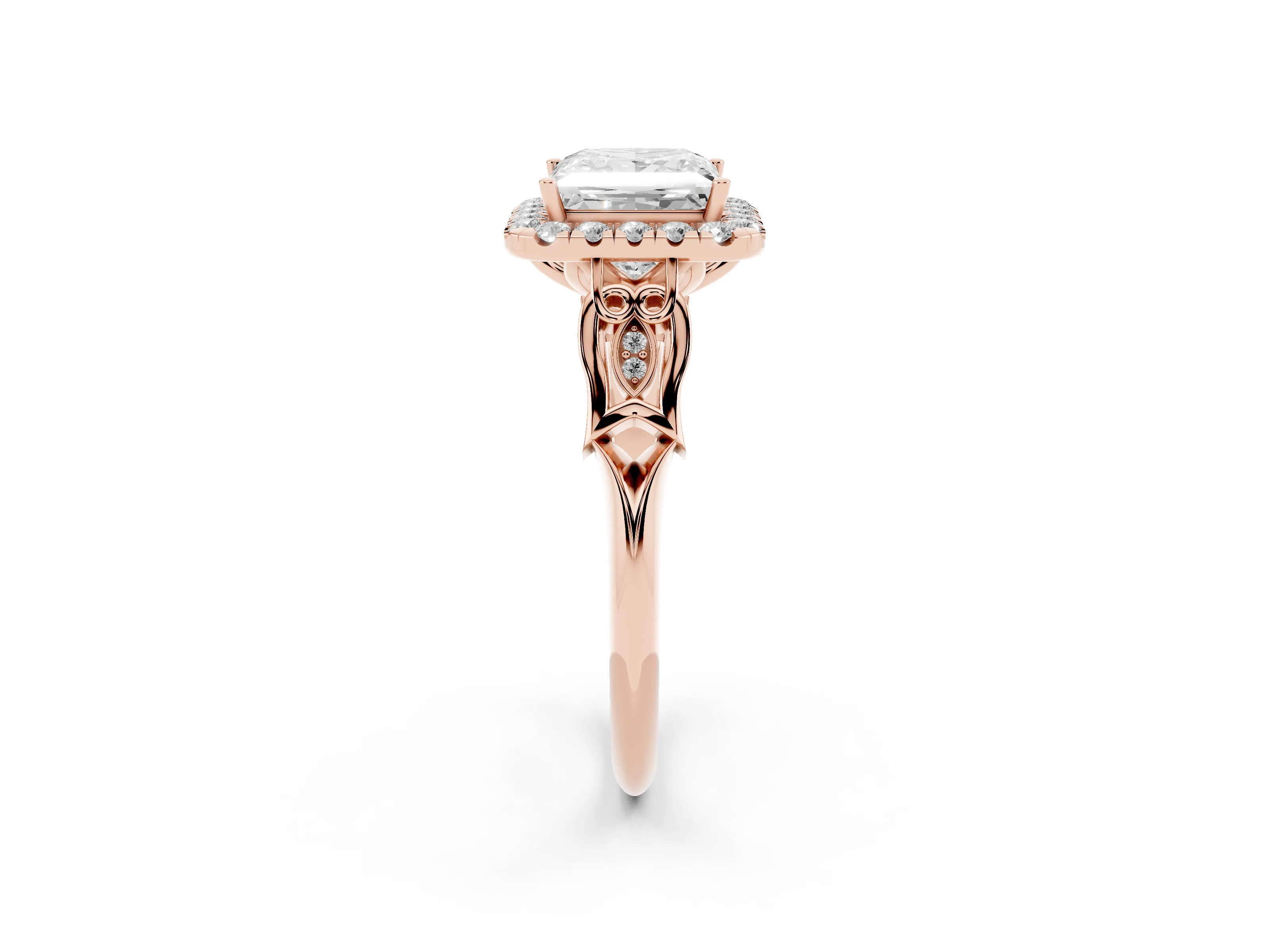 Princess Cut Diamond Halo Engagement Ring Set in Rose gold with Filigree Band and Prong-Set Center