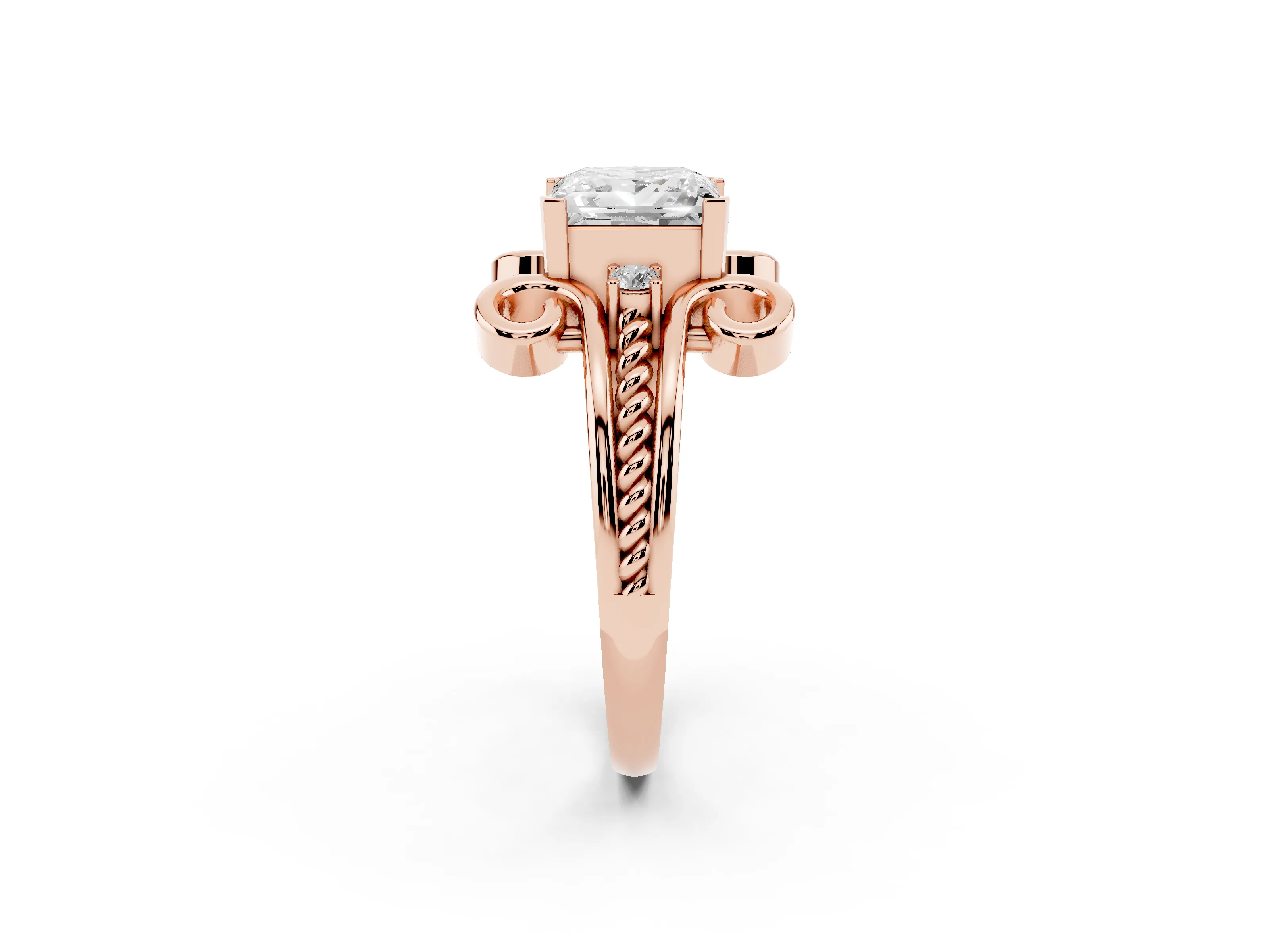 Princess Cut Diamond Twisted Band Solitaire Ring Set in Rose gold with Scroll Prongs