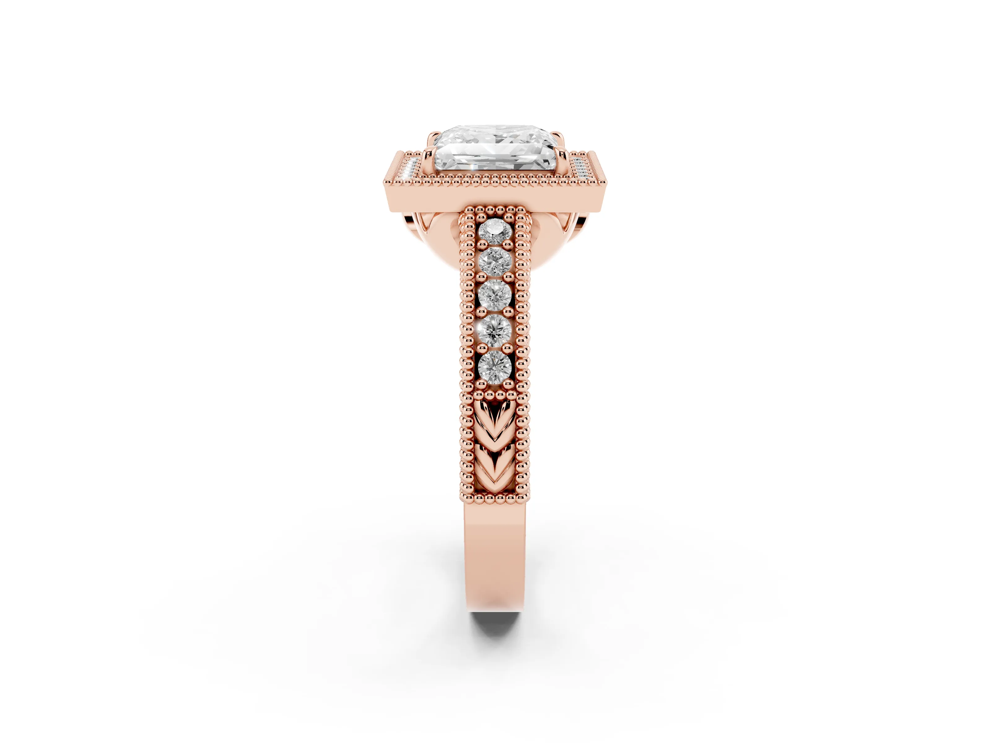 Princess Cut Diamond Halo Ring Set in Rose gold with Round Accent Halo, Pavé Band and Prong Setting
