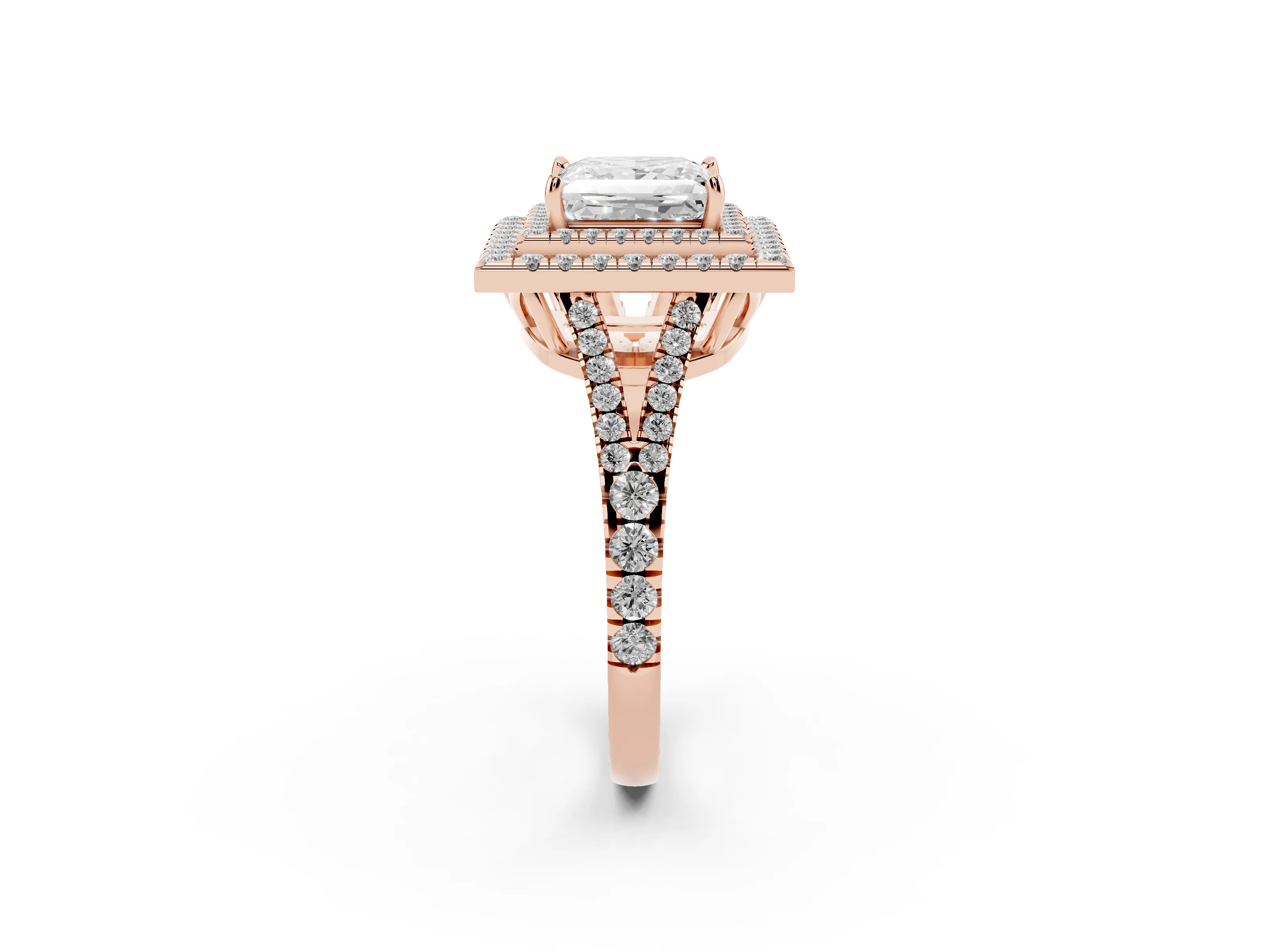 Princess Cut Diamond Double Halo Ring Set in Rose gold with Pavé Band