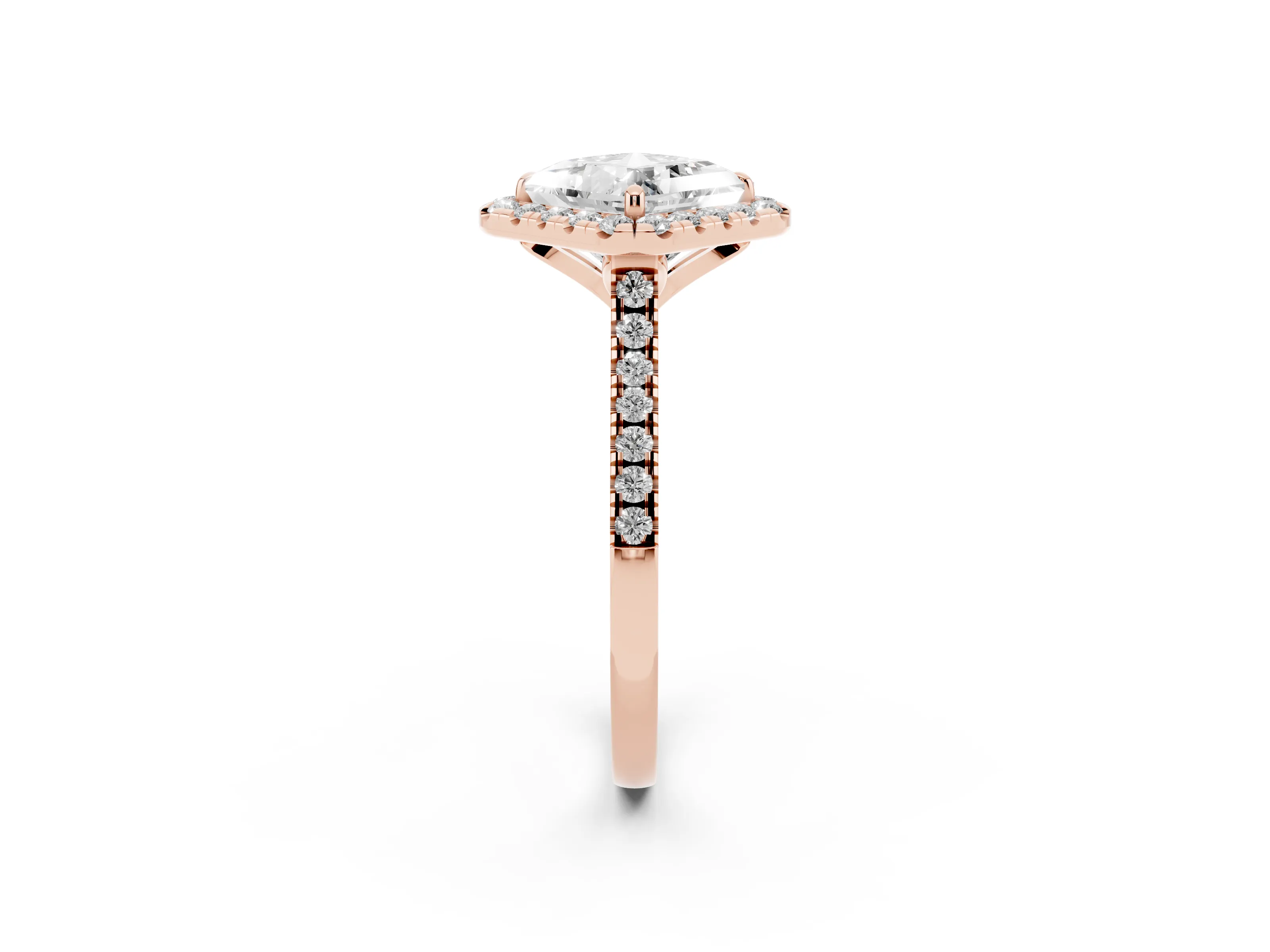 Princess Cut Diamond Cushion Halo Ring Set in Rose gold with Pavé Band