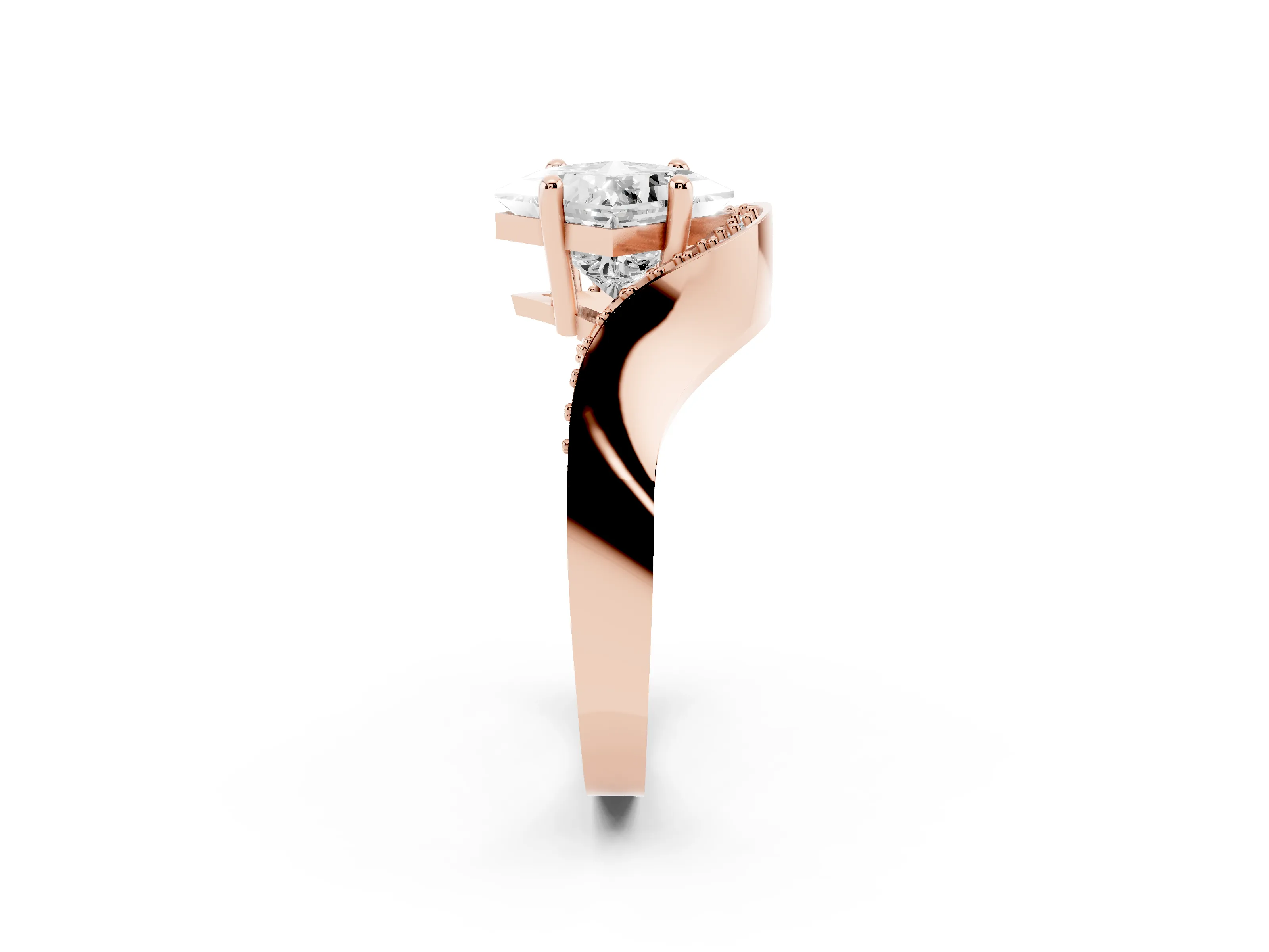 Princess Cut Diamond Solitaire Engagement Ring Set in Rose gold with Pavé Shoulders