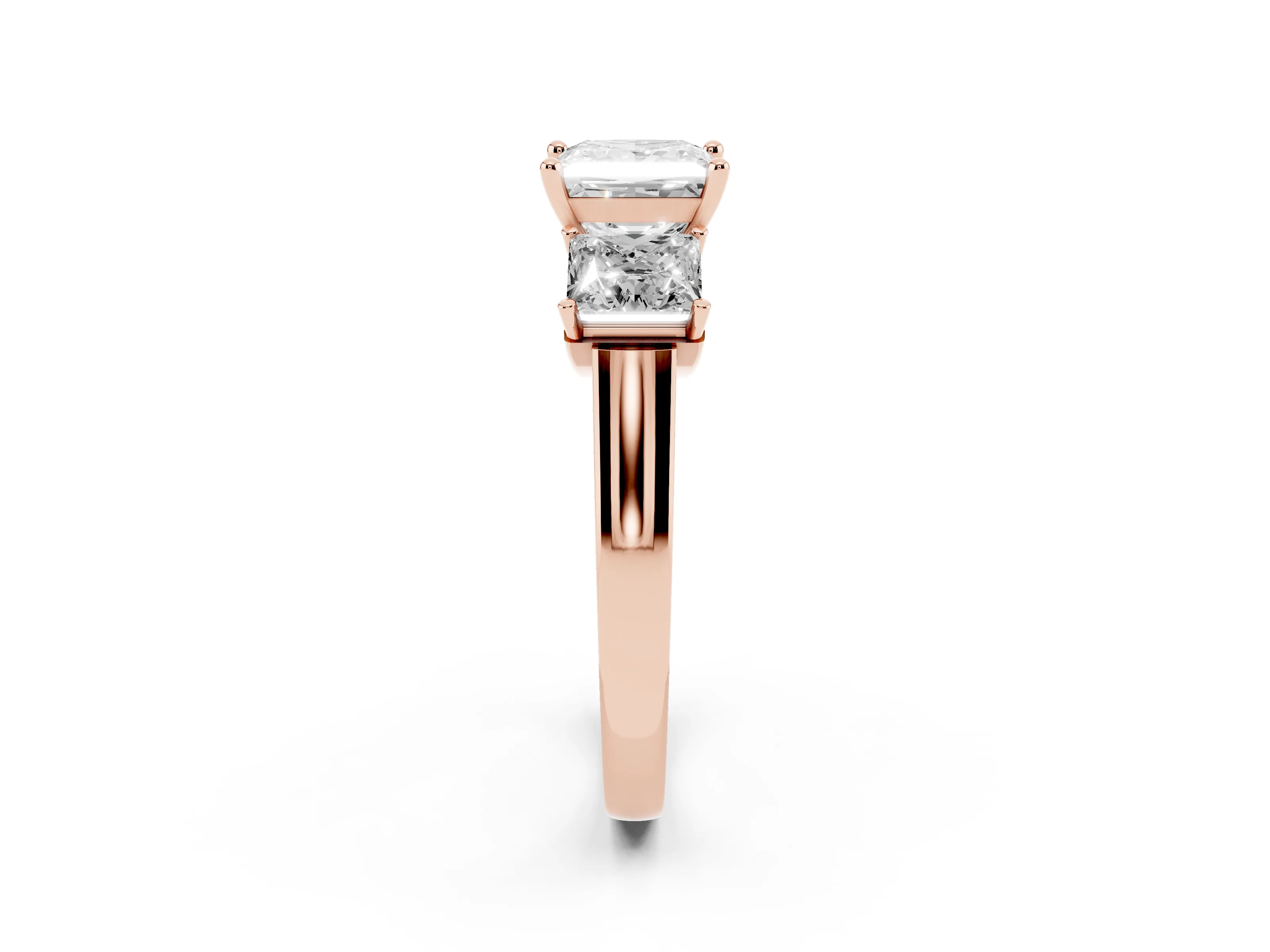 Princess Cut Diamond Three-Stone Trellis Ring Set in Rose gold with Comfort Fit Band