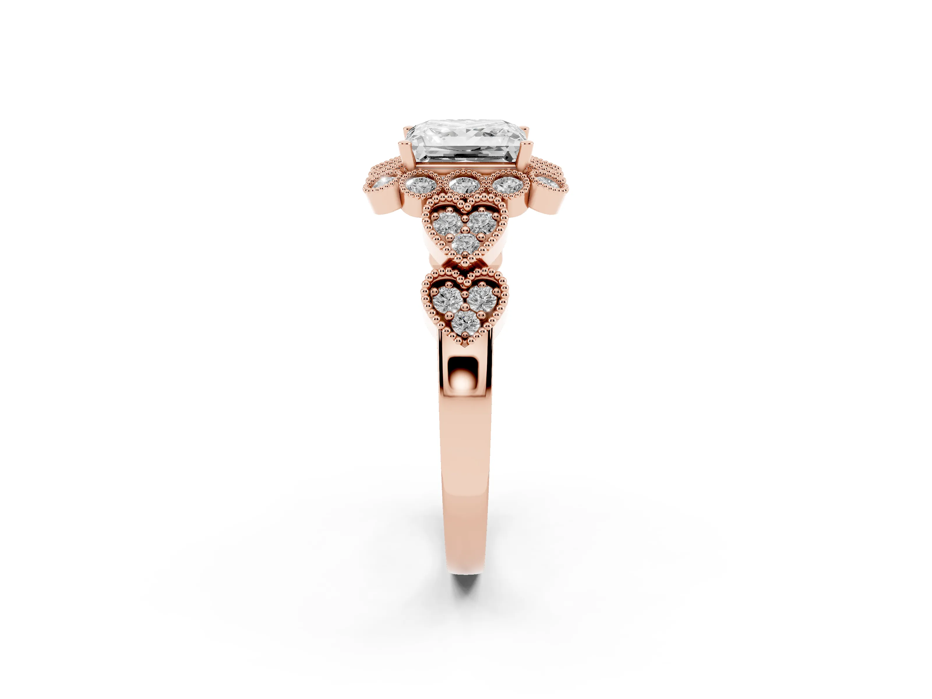 Princess Cut Diamond Solitaire Ring Set in Rose gold with Milgrain Pavé Heart Band