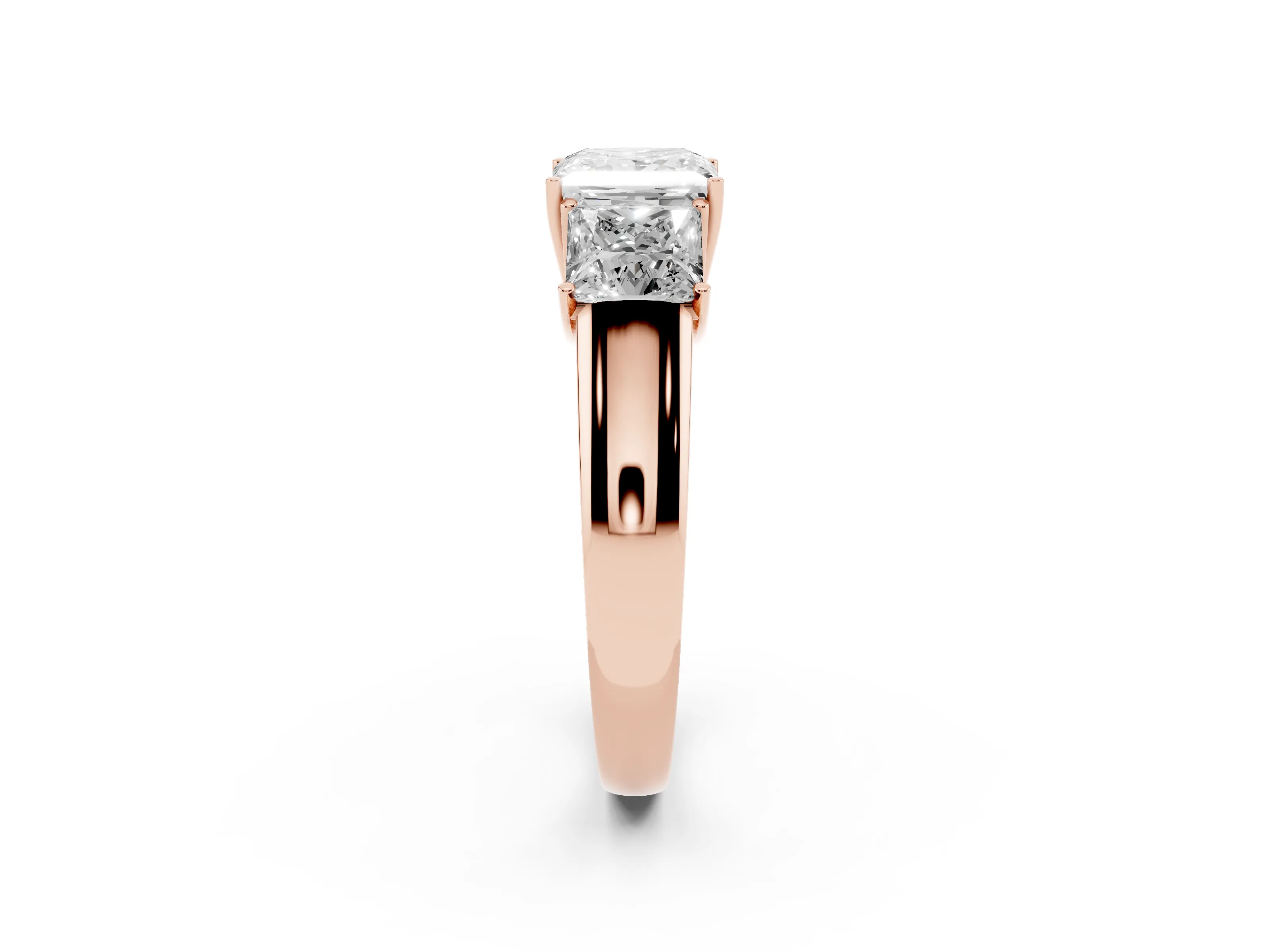 Three-Stone Princess Cut Diamond Ring Set in Rose gold with Matching Prong Settings and Plain Band
