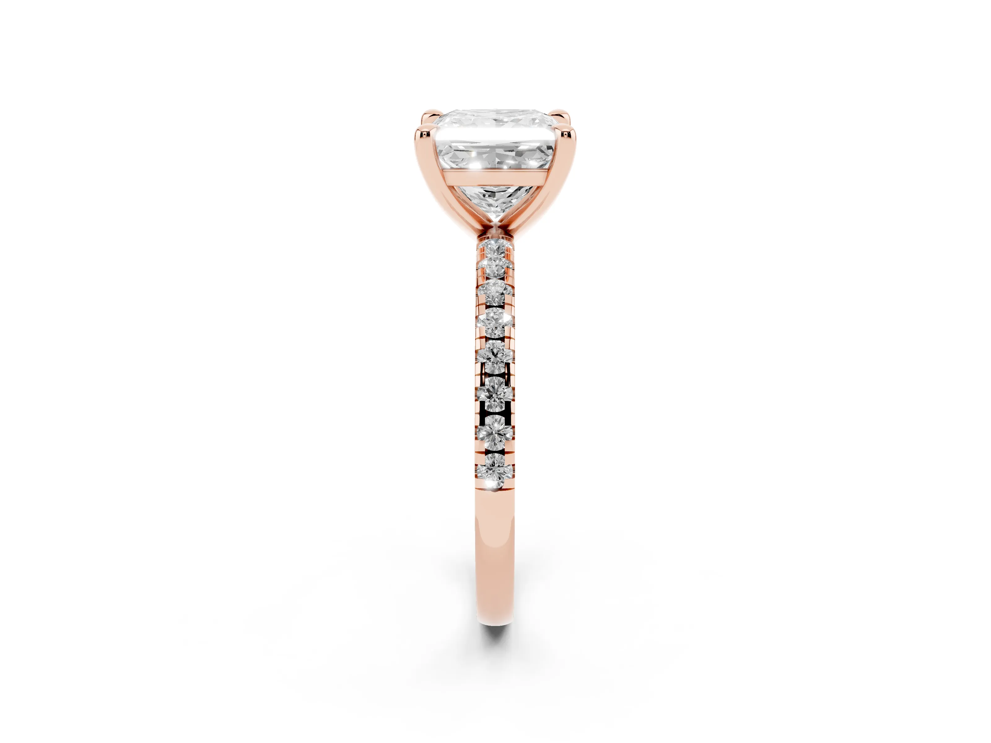 Princess Cut Diamond Brilliant Solitaire Ring Set in Rose gold with Pavé Band and Prong Setting