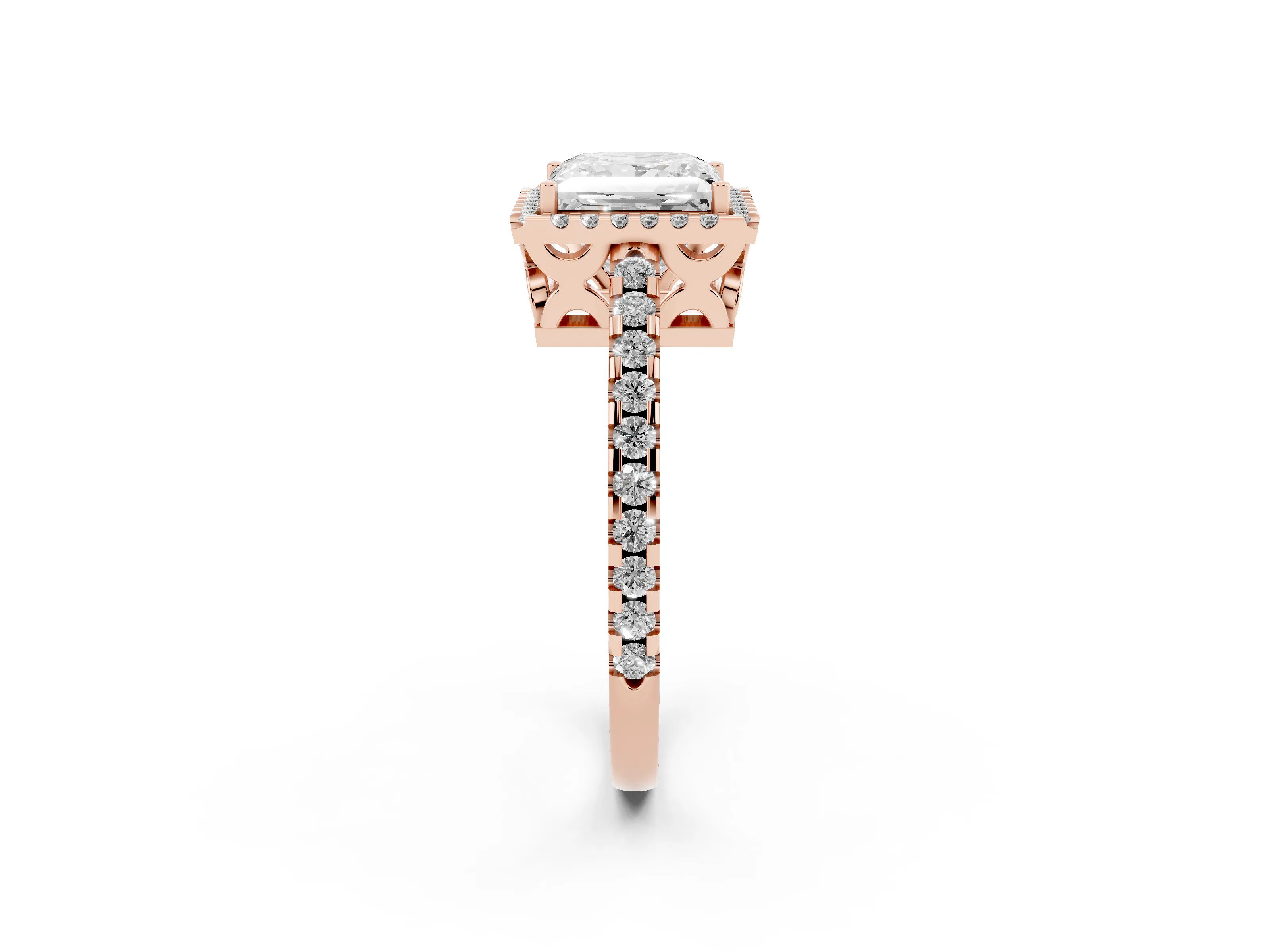 Princess Cut Diamond Halo Ring Set in Rose gold with Pavé Shoulders and Halo-Framed Center