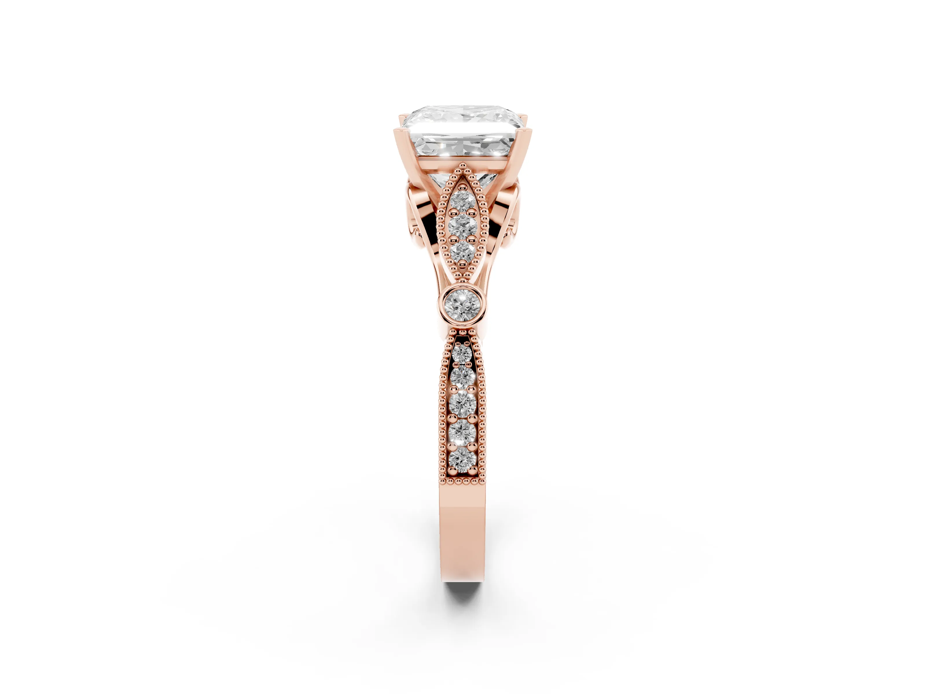 Princess Cut Diamond Solitaire Ring Set in Rose gold with Milgrain Marquise and Bezel Accents