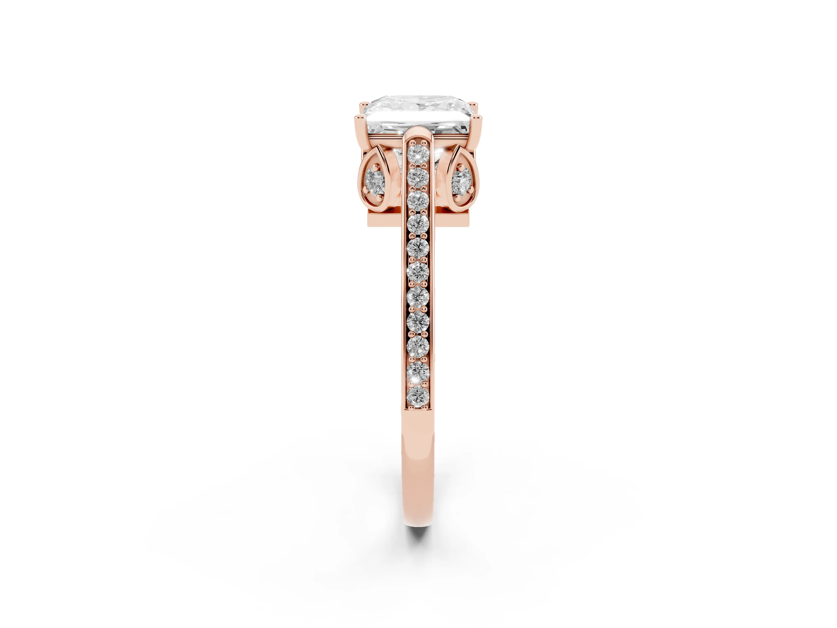 Princess Cut Diamond Cathedral Pavé Engagement Ring Set in Rose gold with Prong Setting