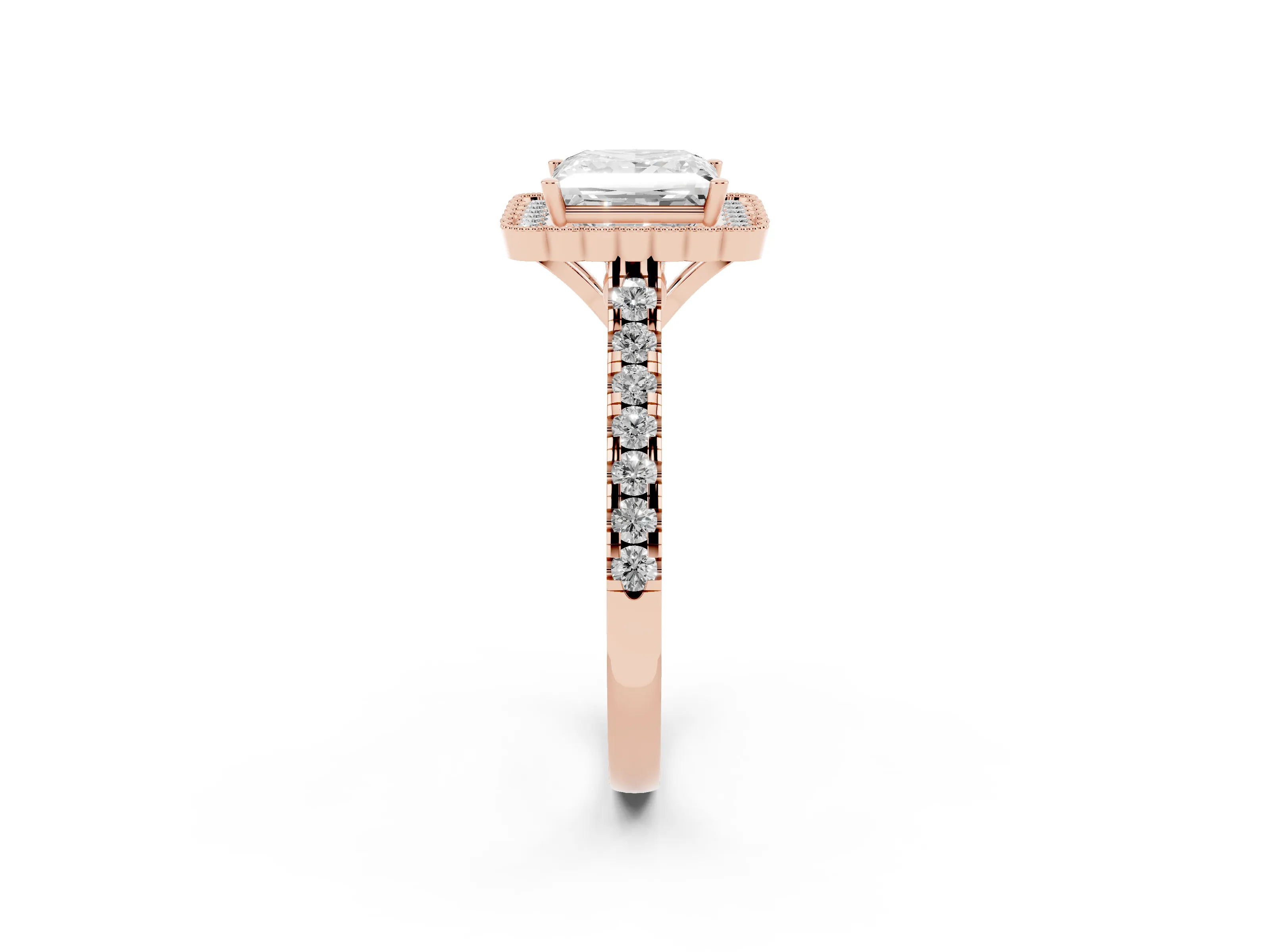Princess Cut Diamond Milgrain Floral Halo Engagement Ring Set in Rose gold with Pavé Band