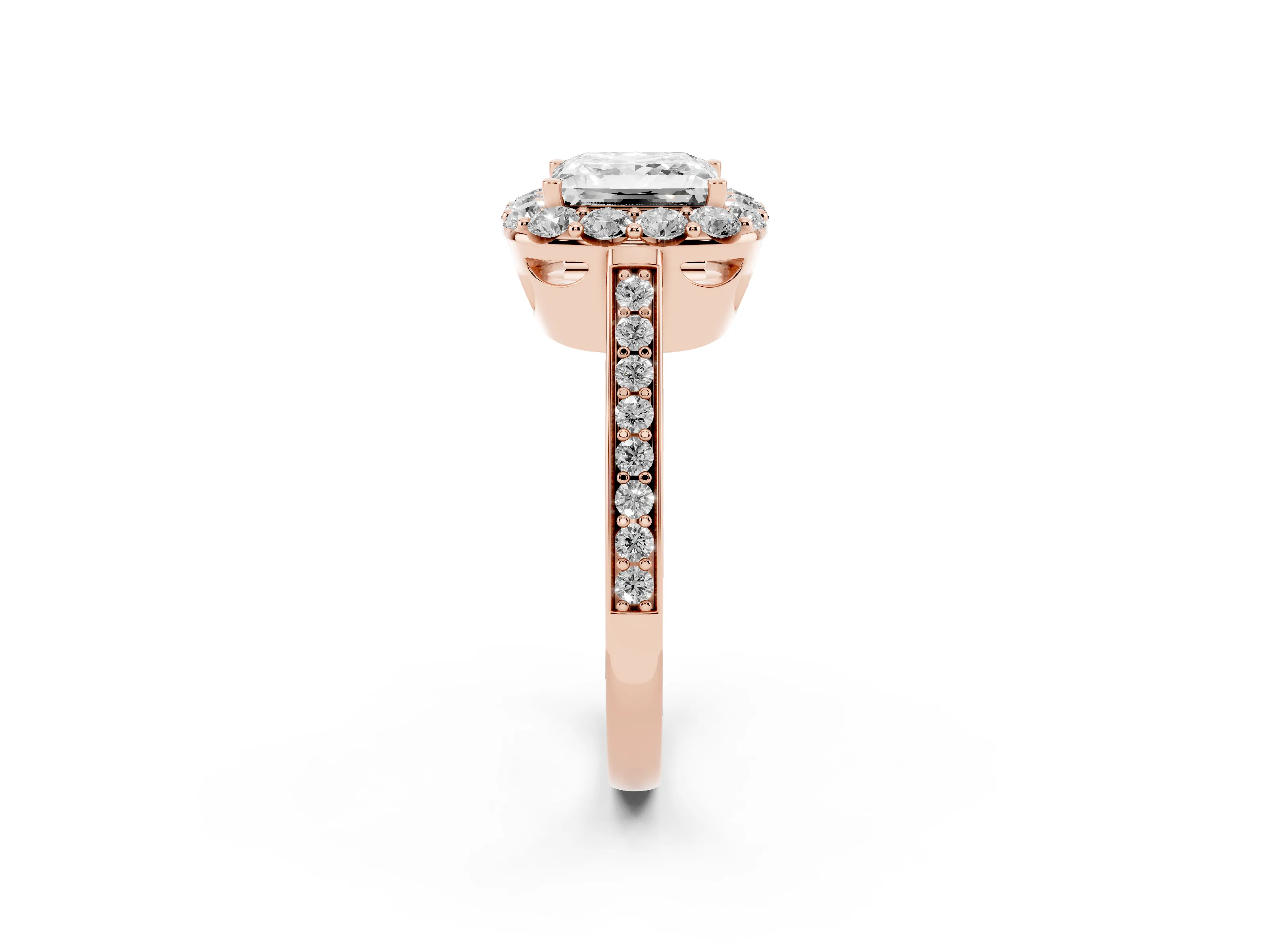 Princess Cut Diamond Floral Halo Ring Set in Rose gold with Pavé Band and Prong Setting