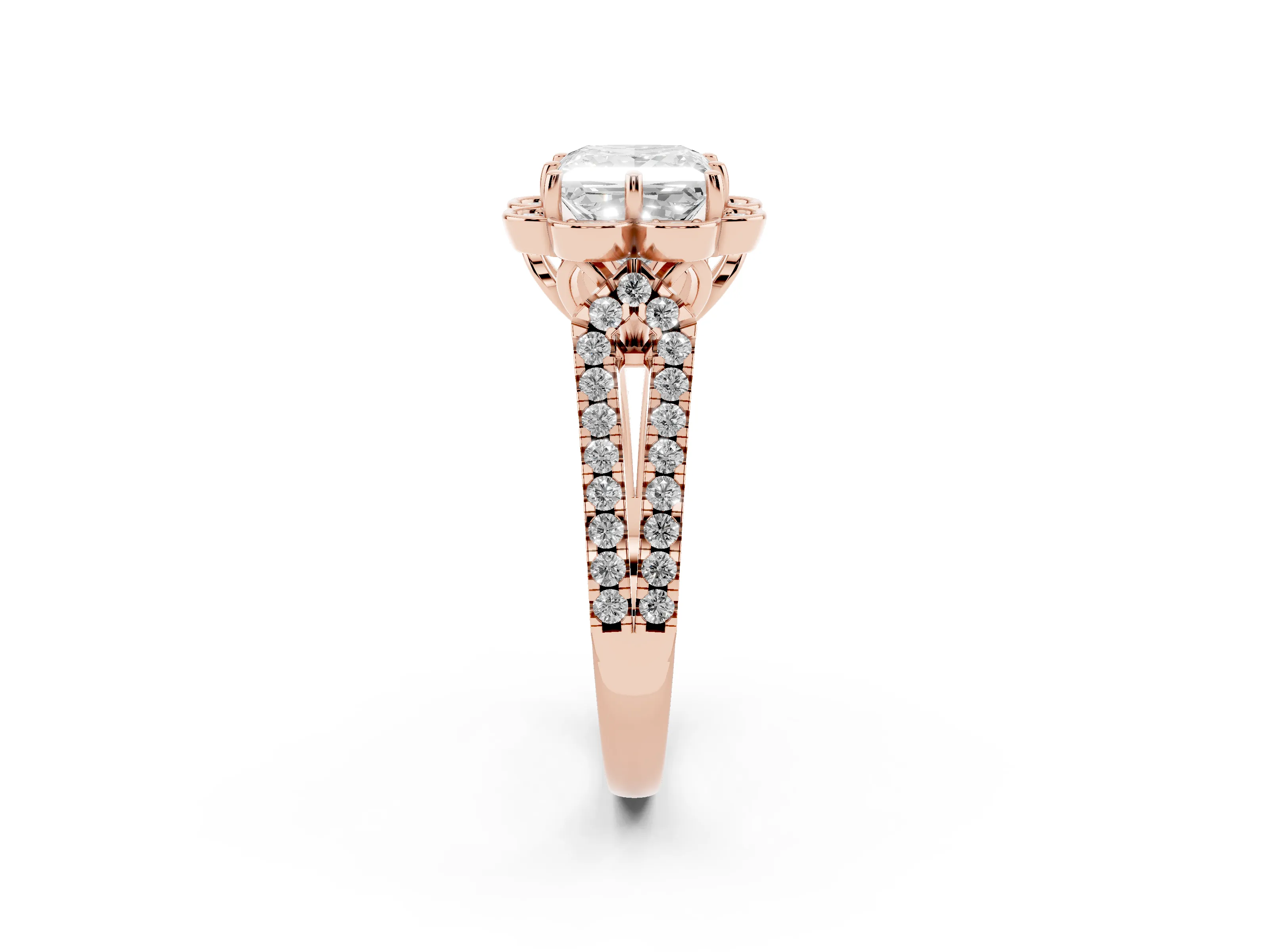 Princess Cut Diamond Floral Halo Split Shank Engagement Ring Set in Rose gold with Pavé Shank