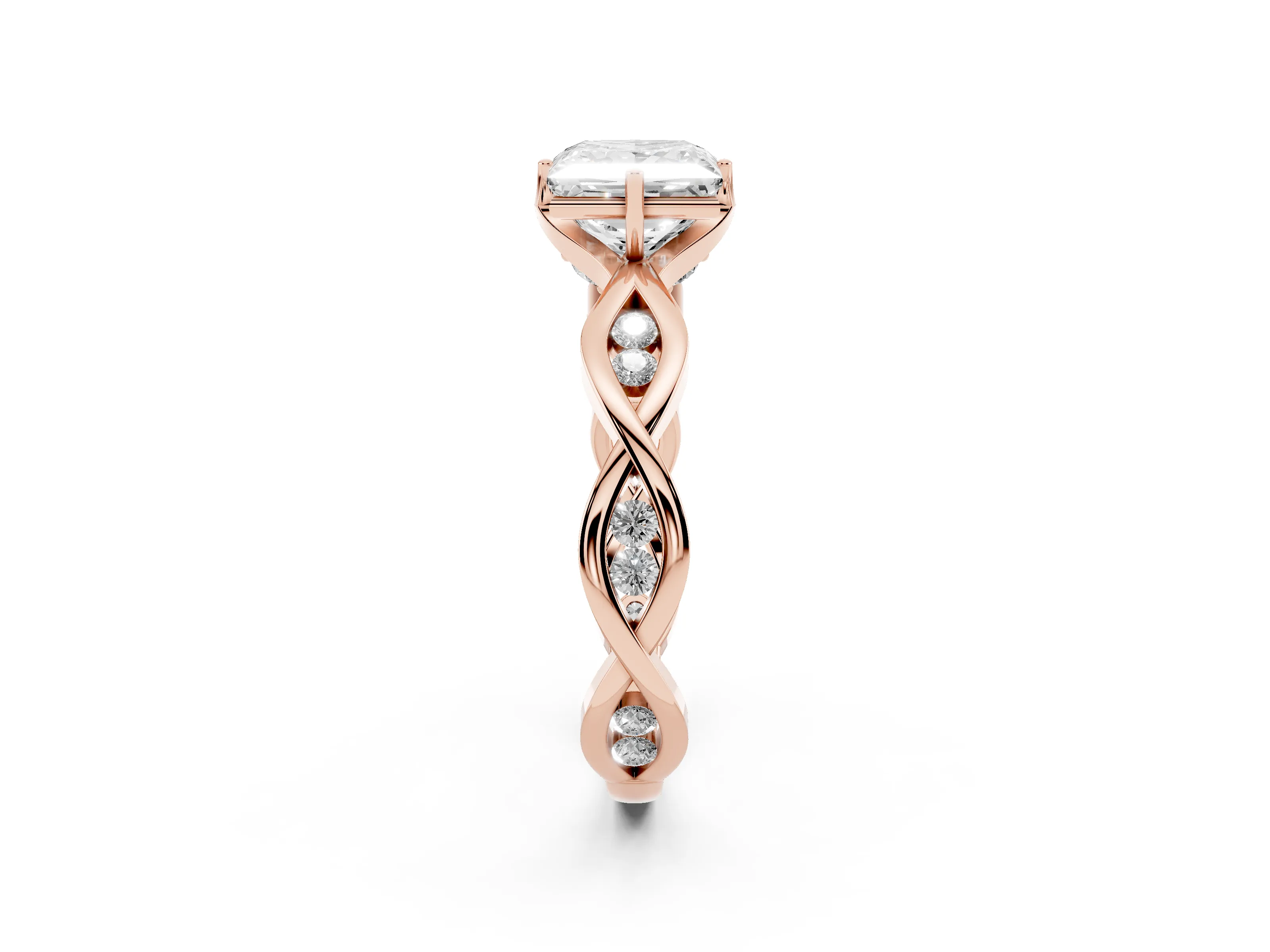 Princess Cut Diamond Twist Band Solitaire Ring Set in Rose gold with Leaf Prong Setting and Accent Stones