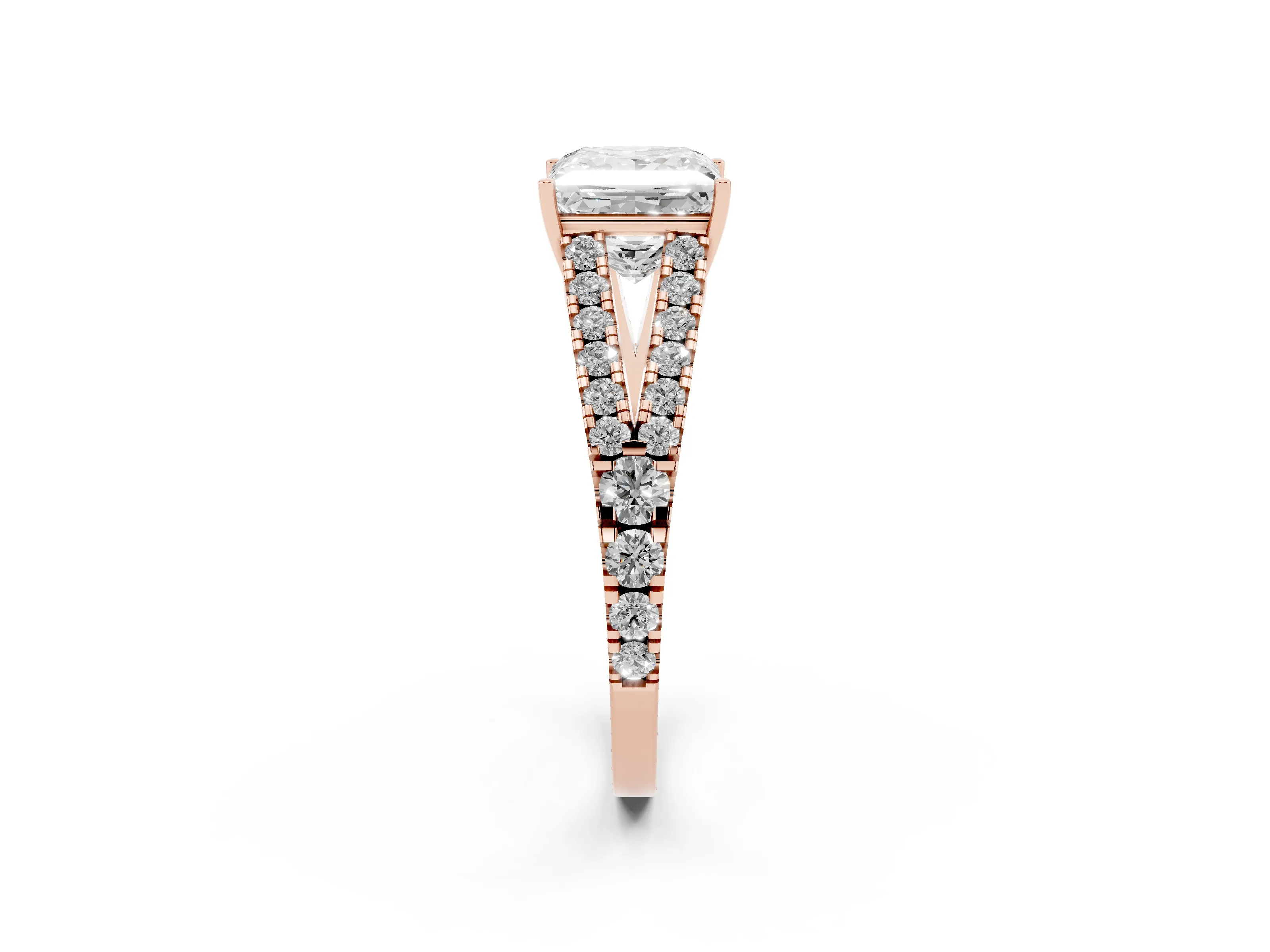 Princess Cut Diamond Split Shank Pavé Engagement Ring Set in Rose gold with Prong-Held Center Stone