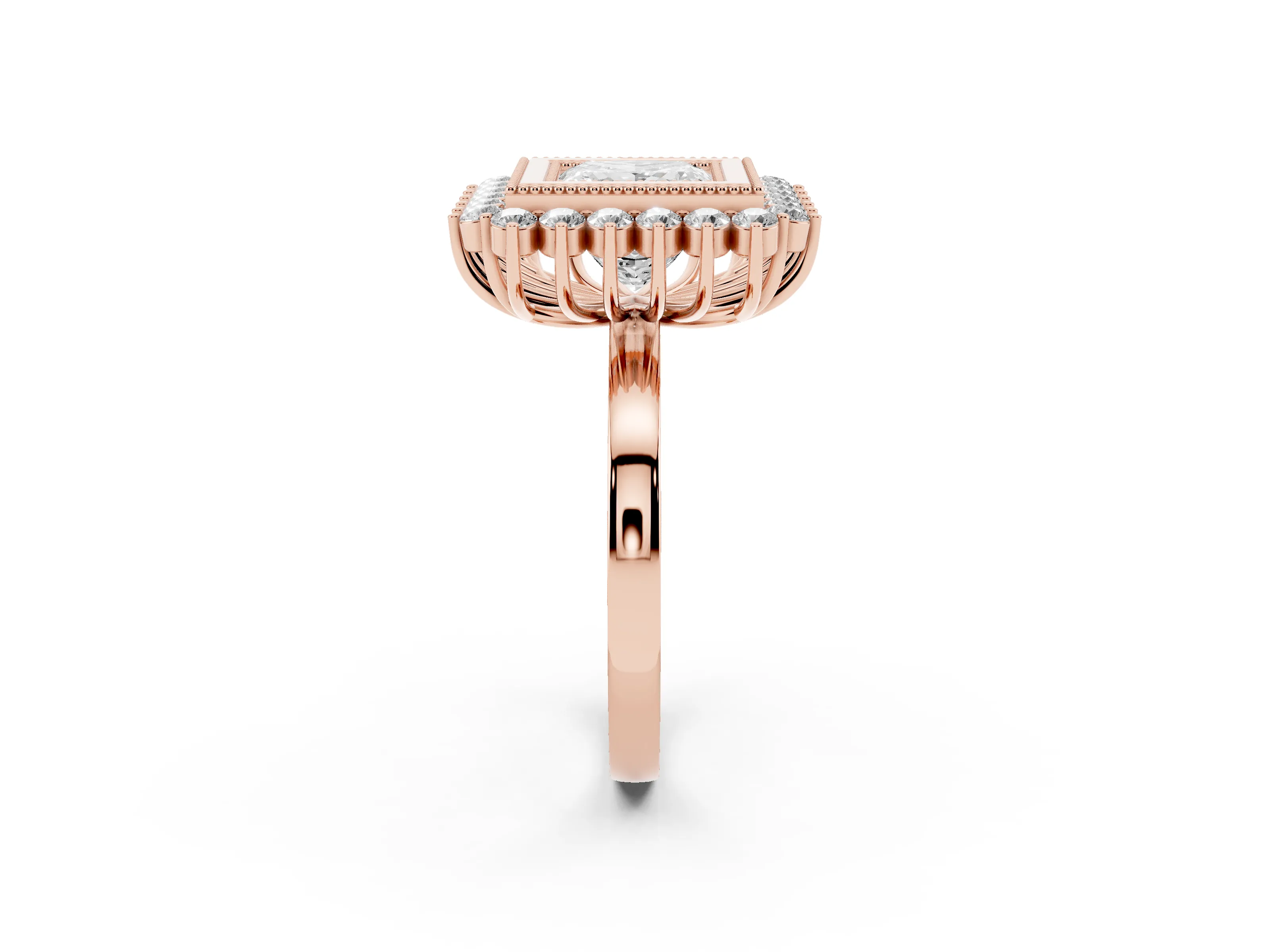Princess Cut Diamond Halo Ring Set in Rose gold with Milgrain Edge and Round Prong Setting