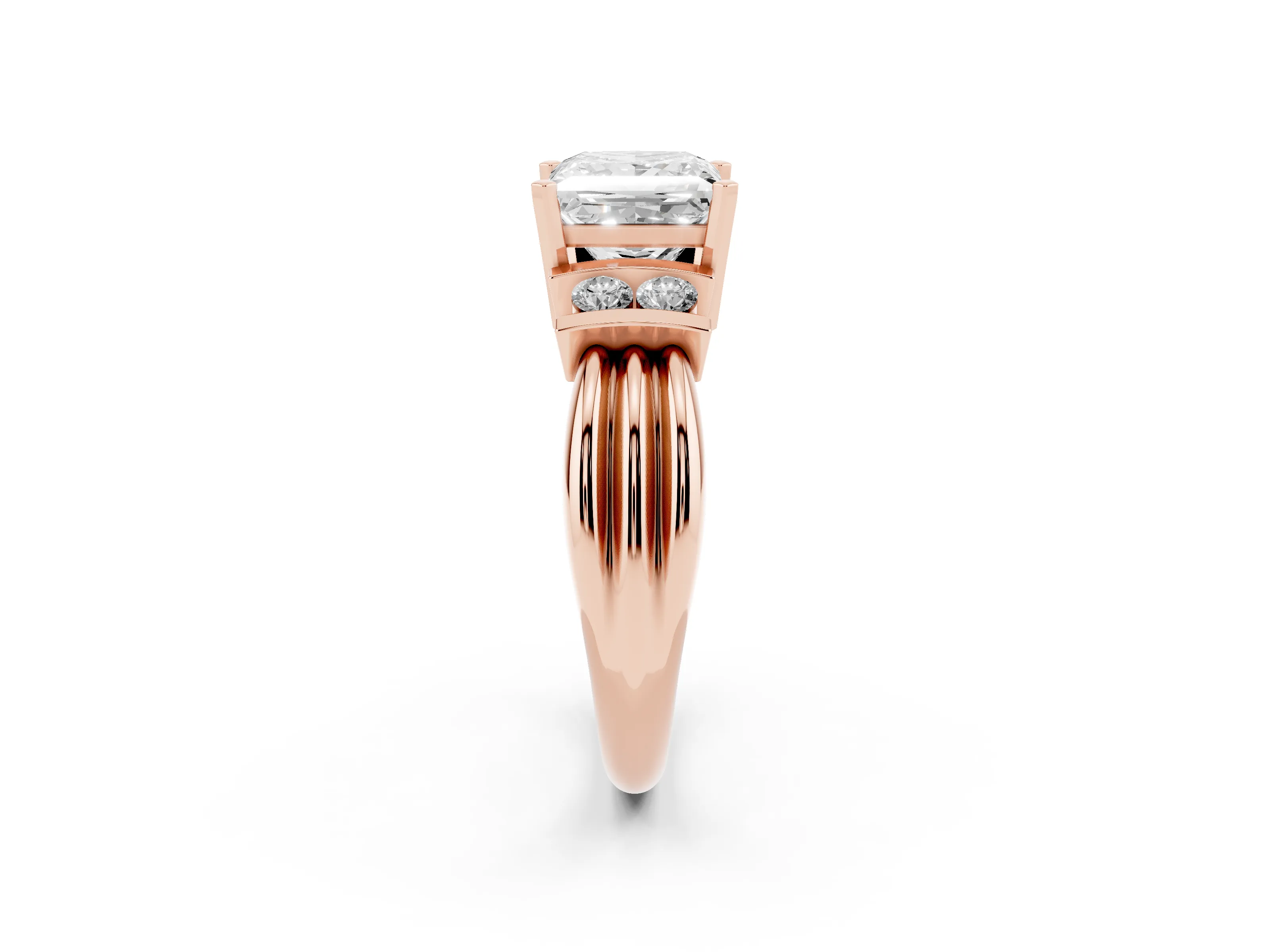 Three-Stone Princess Cut Diamond Channel Set Ring Set in Rose gold with Bar Prongs