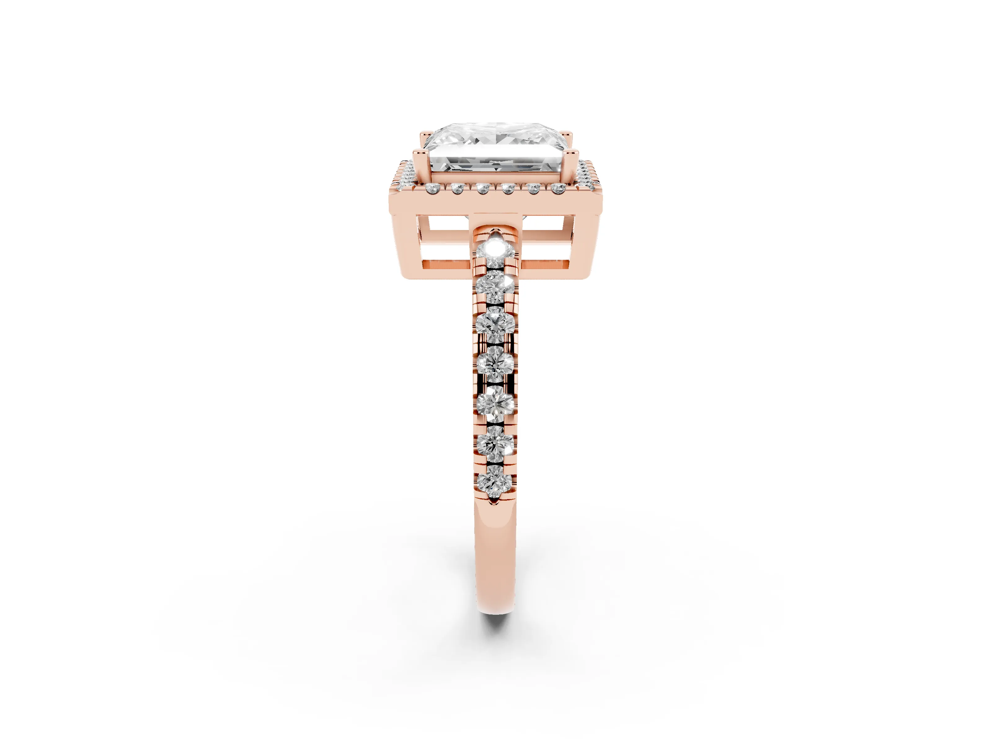 Princess Cut Diamond Halo Ring Set in Rose gold with Delicate Pavé Band and Prong Setting