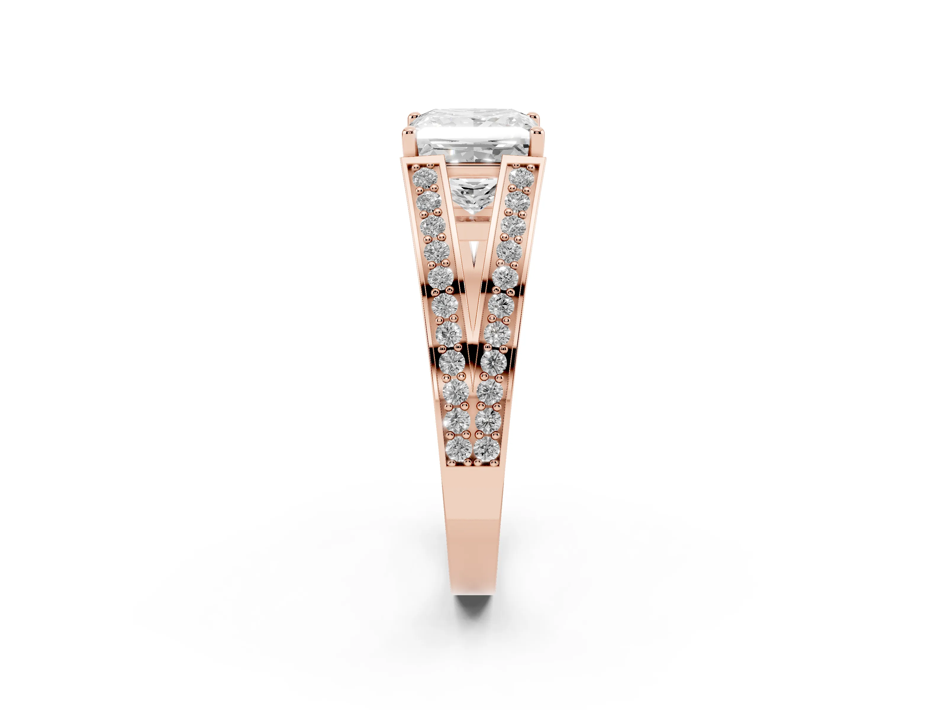 Princess Cut Diamond Split Shank Ring Set in Rose gold with Pavé Band and Prong Setting