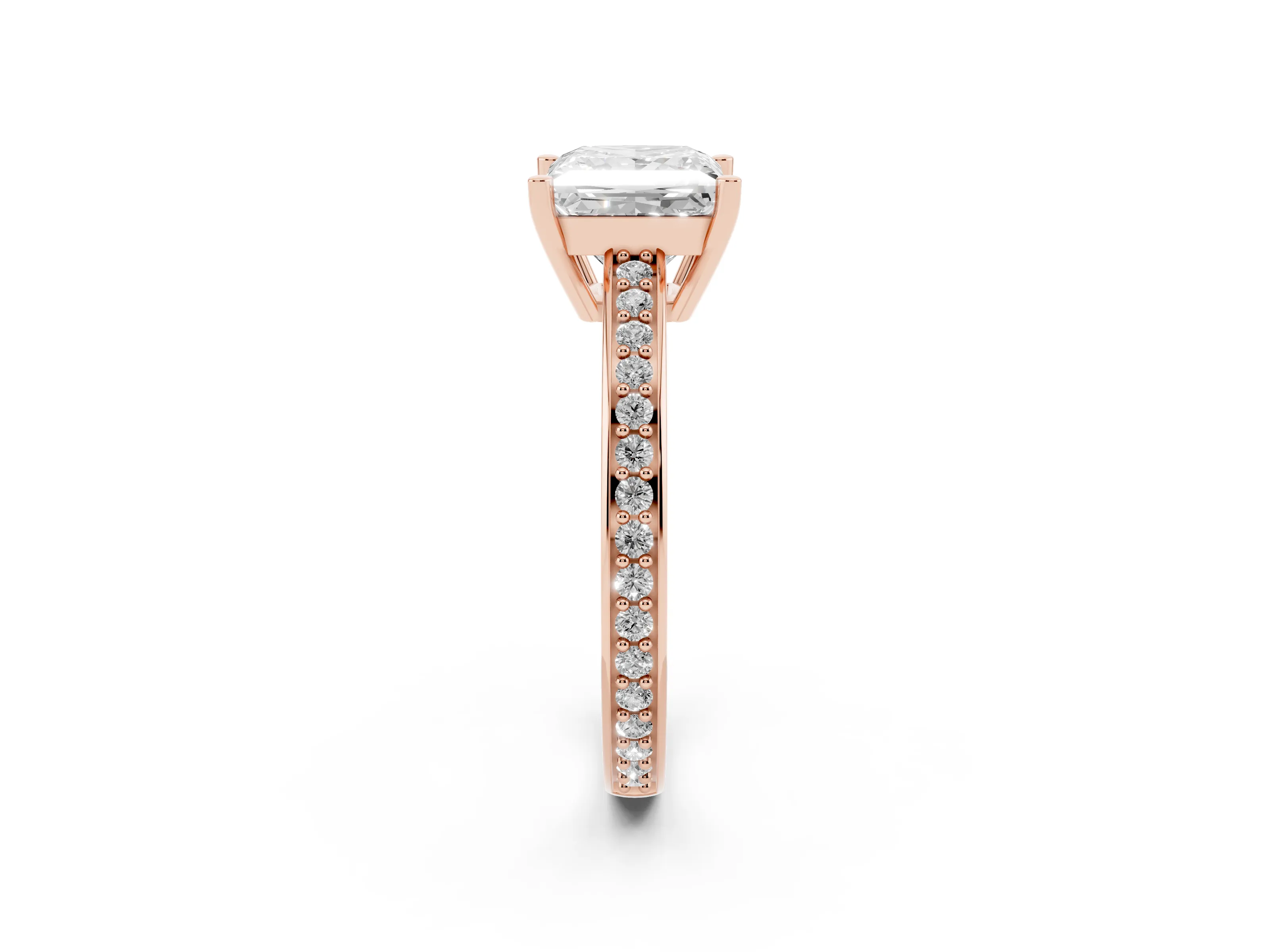Princess Cut Diamond Pavé Band Prong Set Solitaire Ring Set in Rose gold