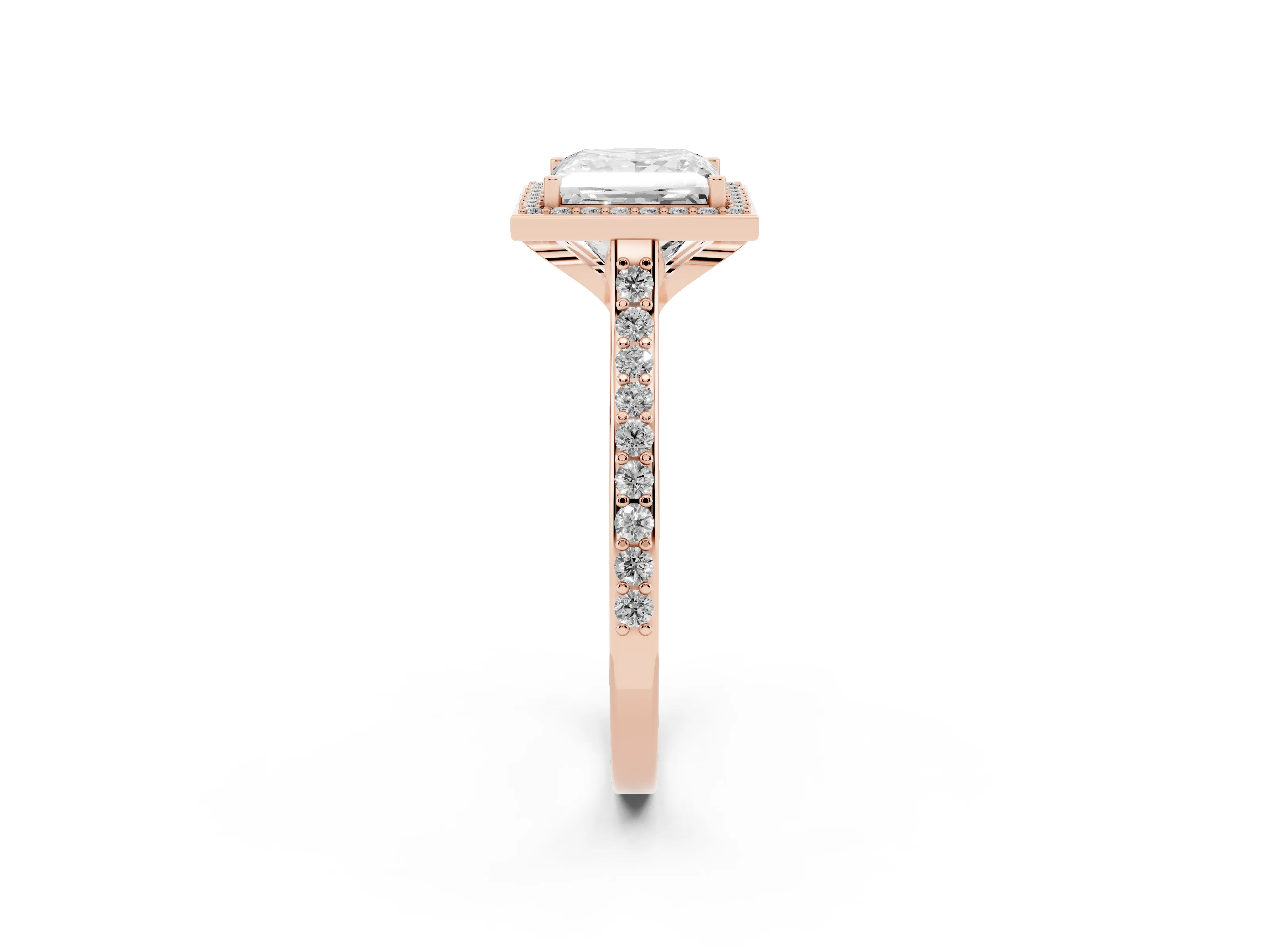 Princess Cut Diamond Halo Engagement Ring Set in Rose gold with Round Pavé Shoulders and Heart Gallery