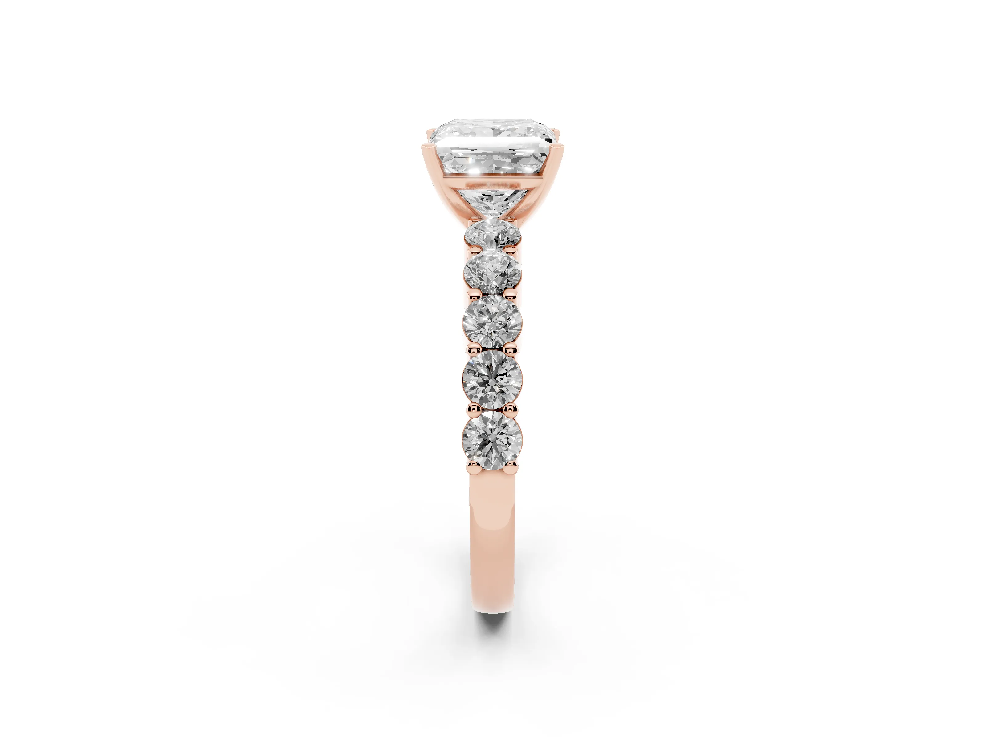 Princess Cut Diamond Solitaire Ring Set in Rose gold with Shared Prong Round Side Stones