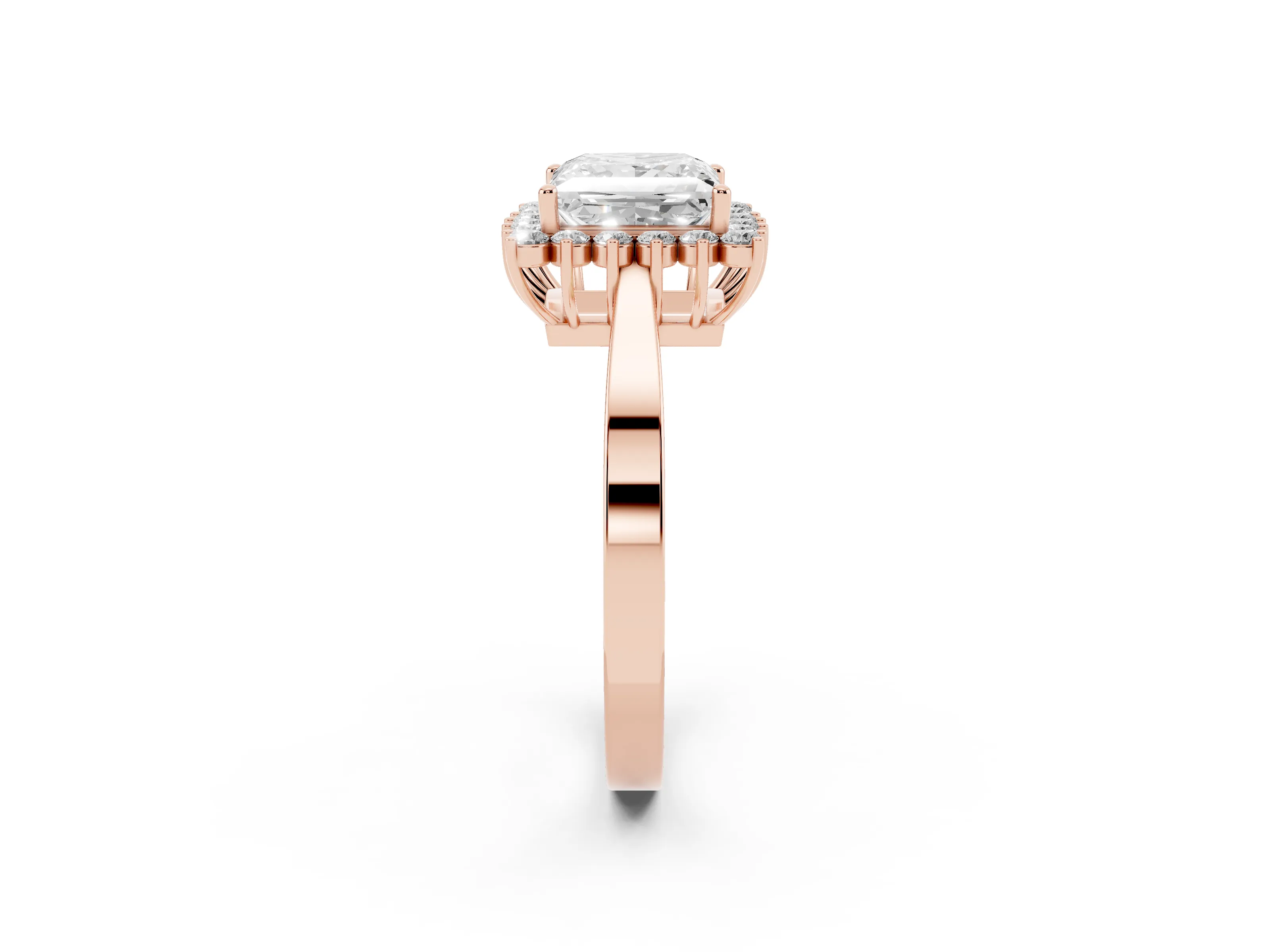 Princess Cut Diamond Halo Ring Set in Rose gold with Round Halo and Smooth Solitaire Band