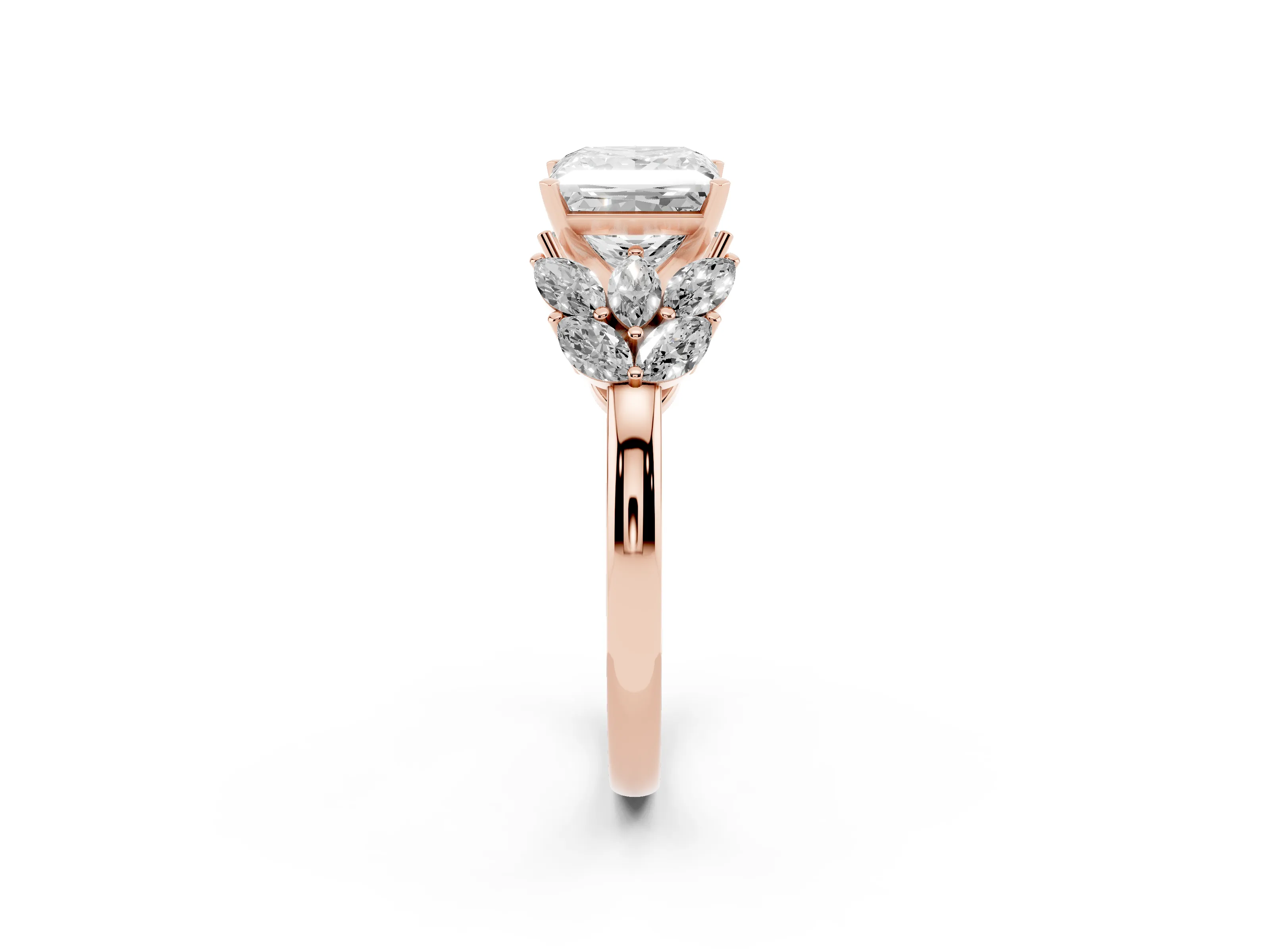 Princess Cut Diamond Cluster Leaf Design Ring Set in Rose gold with Prong Setting