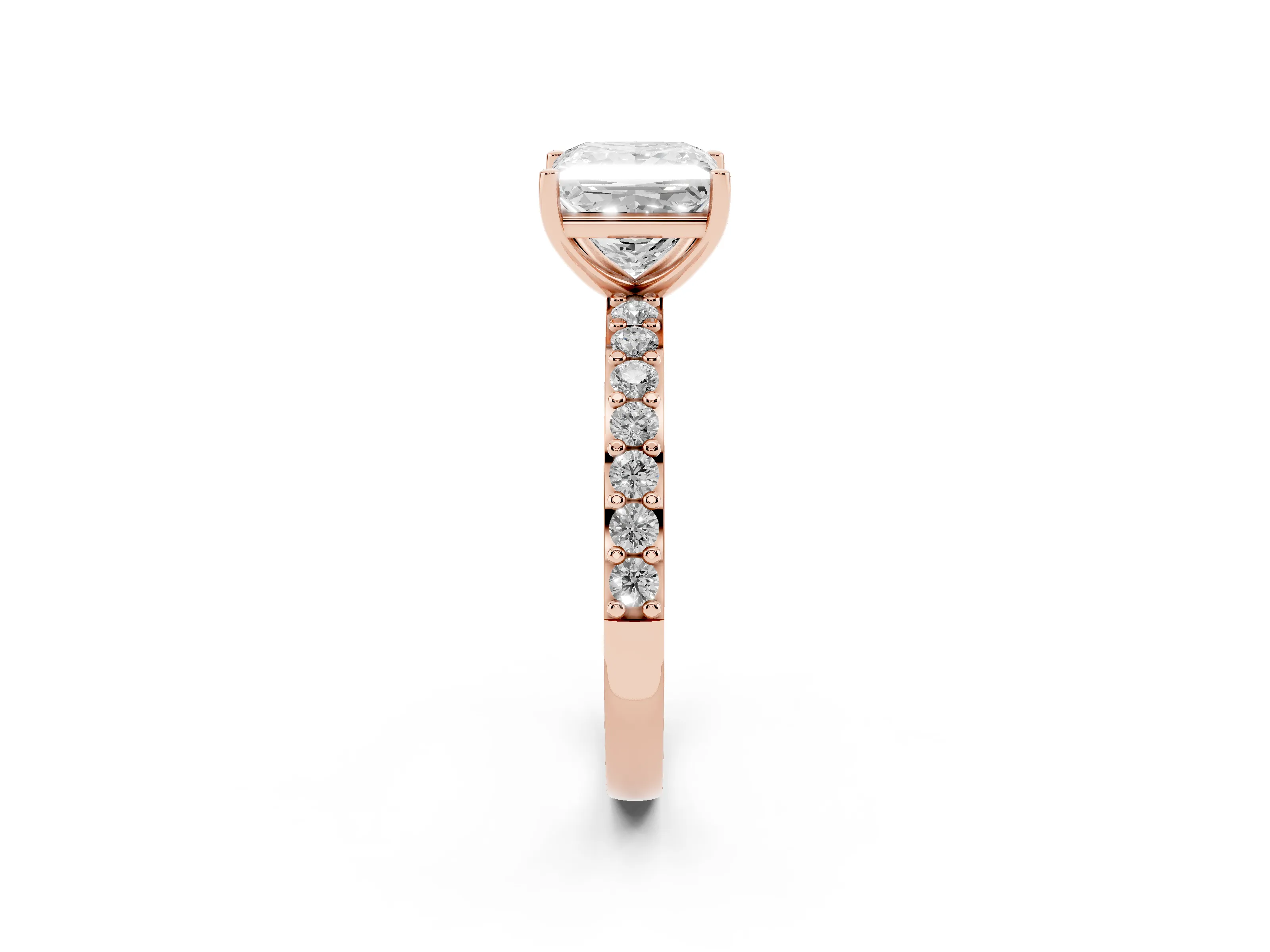 Princess Cut Diamond Solitaire Set in Rose gold with Round Pavé Band and Prong Setting