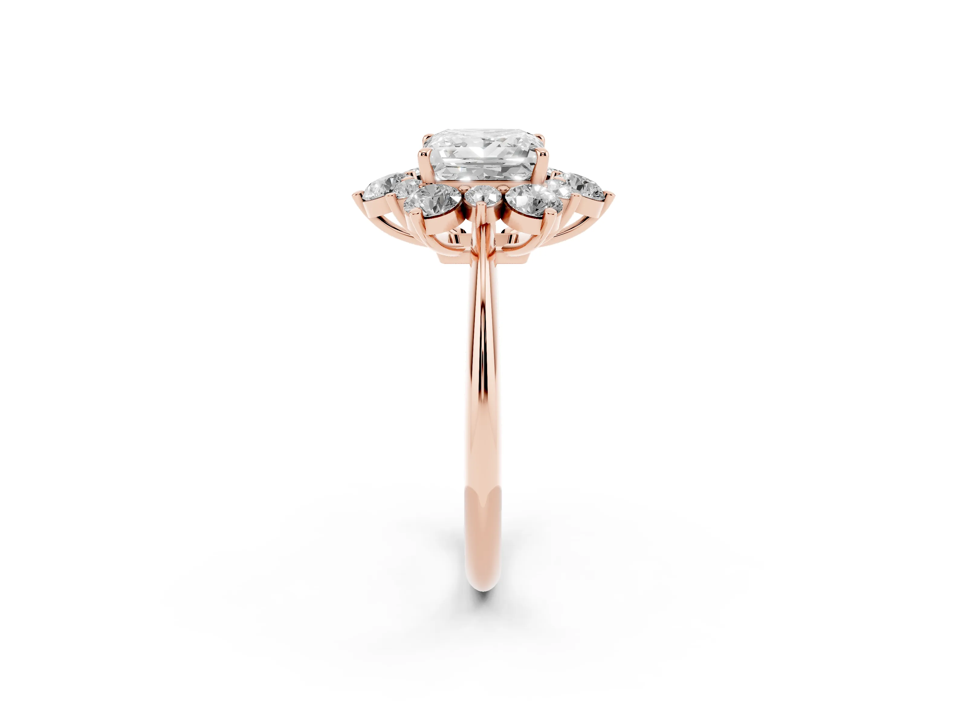 Princess Cut Diamond Cluster Halo Ring Set in Rose gold with Solitaire Band and Prong Setting
