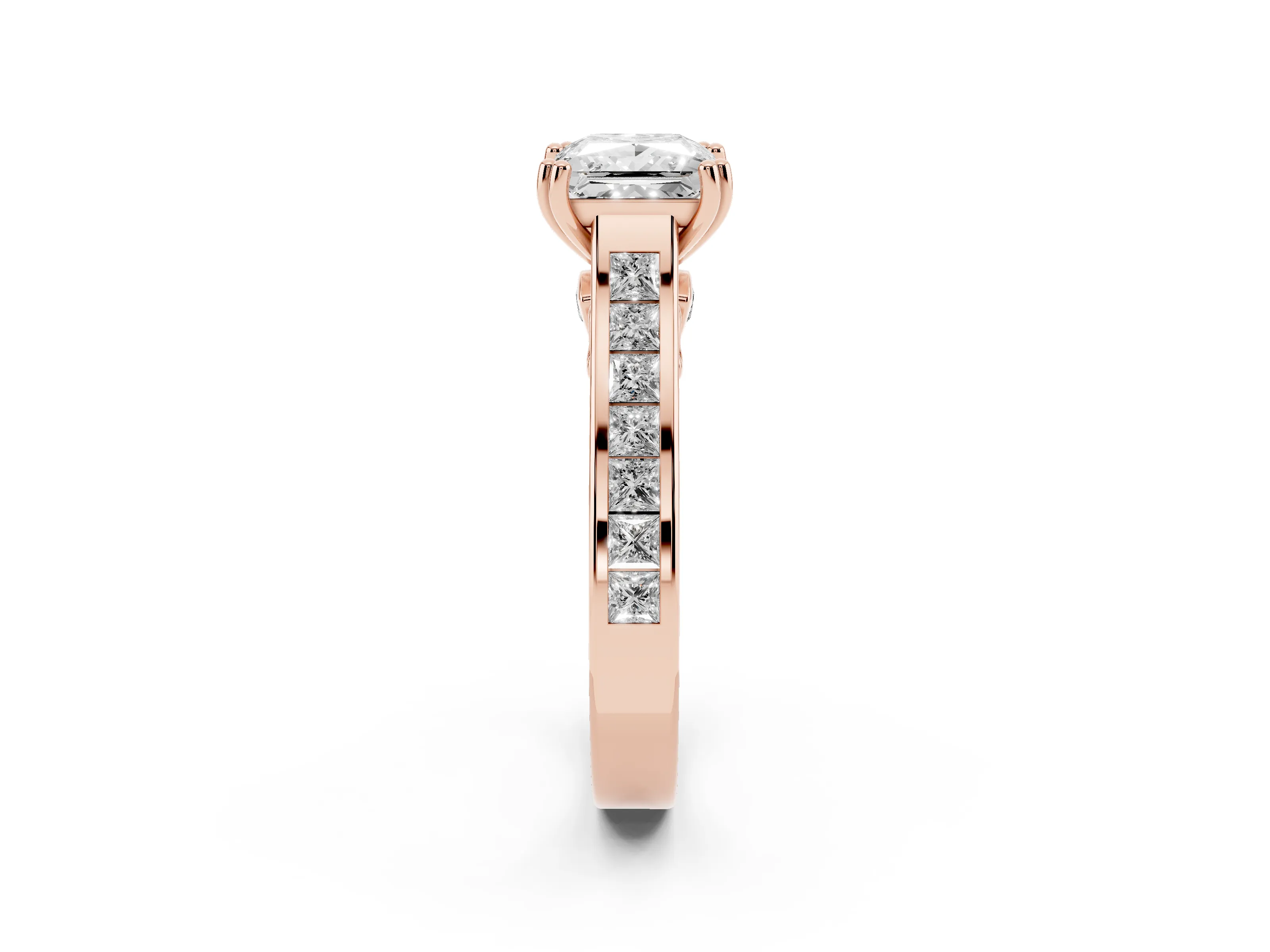 Princess Cut Diamond Channel Set Solitaire Engagement Ring Set in Rose gold with Prong Setting
