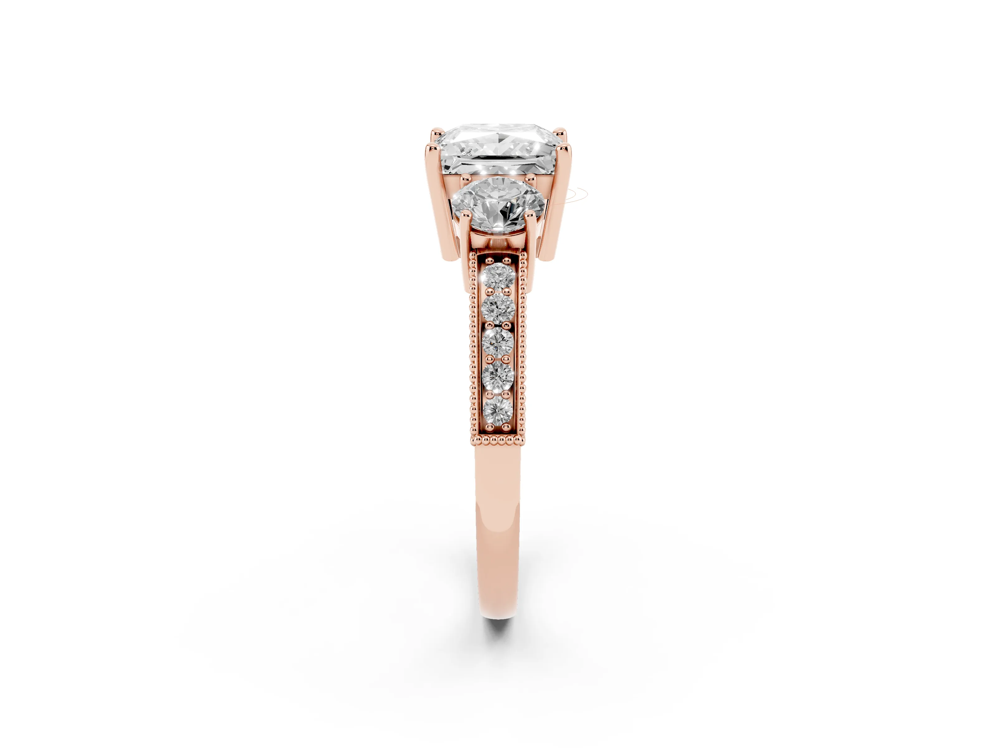 Princess Cut Diamond Three-Stone Ring Set in Rose gold with Round Side Stones and Pavé Band