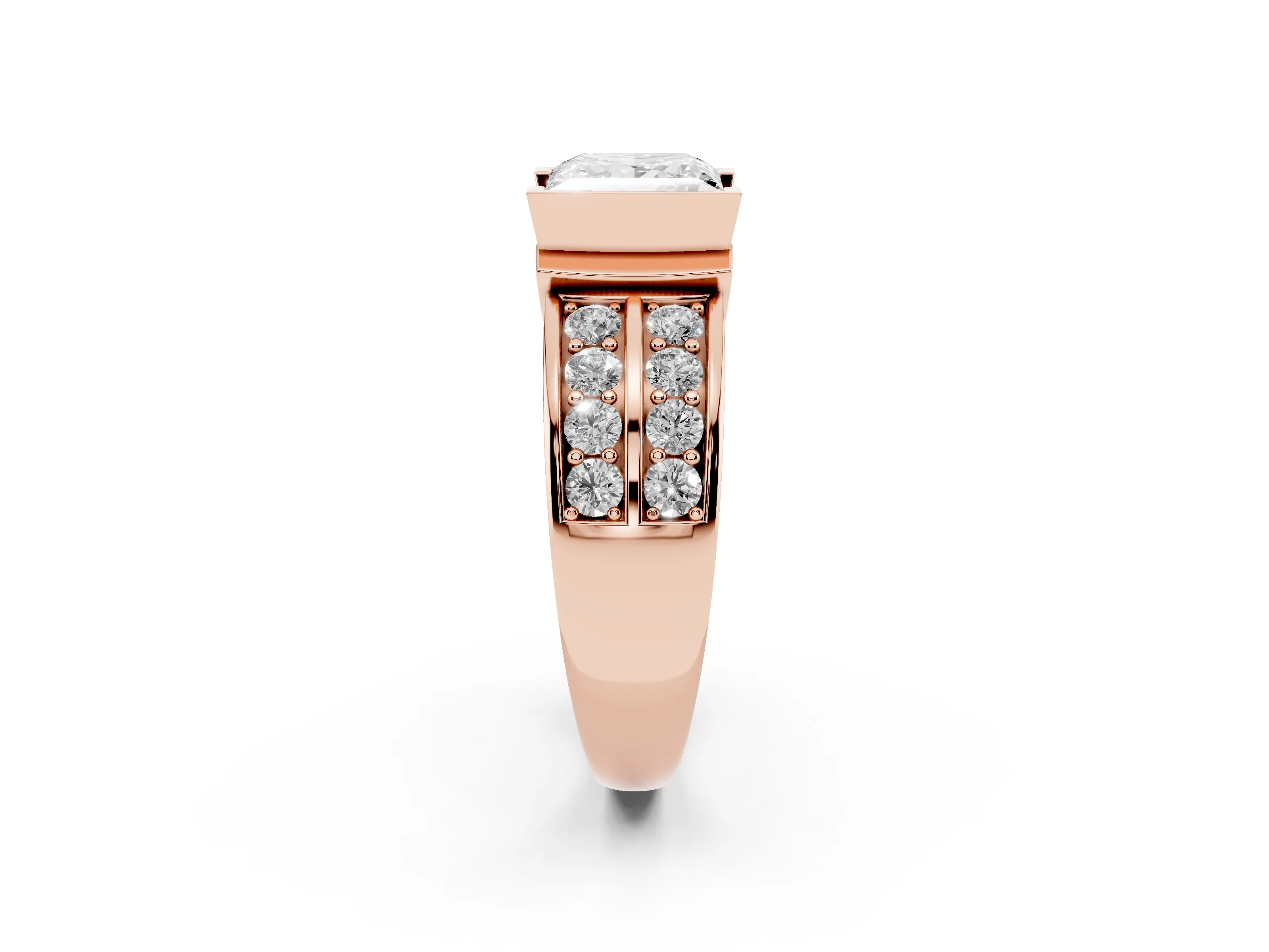 Princess Cut Diamond Wide Channel Set Band Ring Set in Rose gold with Bezel Setting