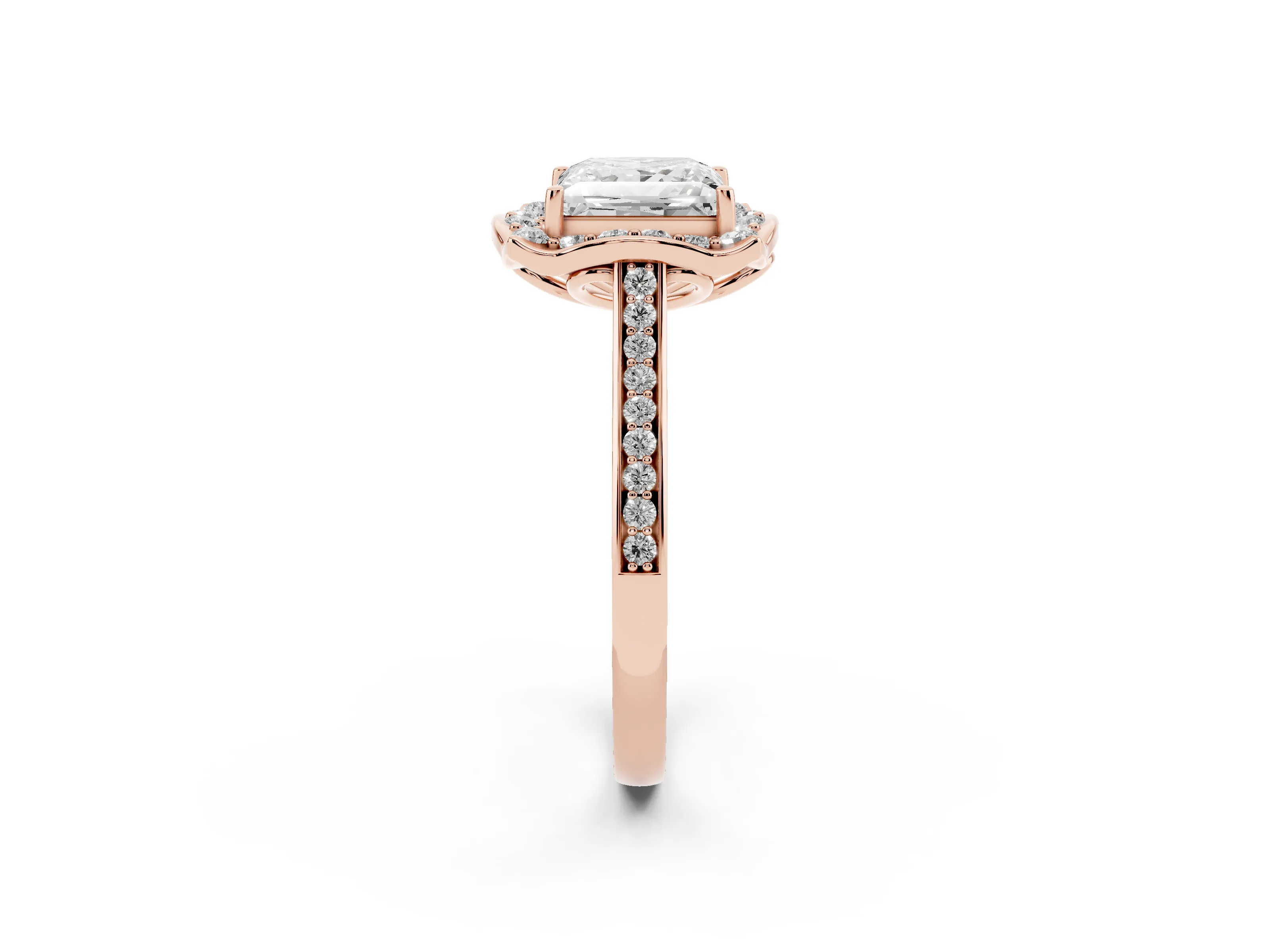 Princess Cut Diamond Halo Ring Set in Rose gold with Pavé-Lined Shoulders and Prong Setting