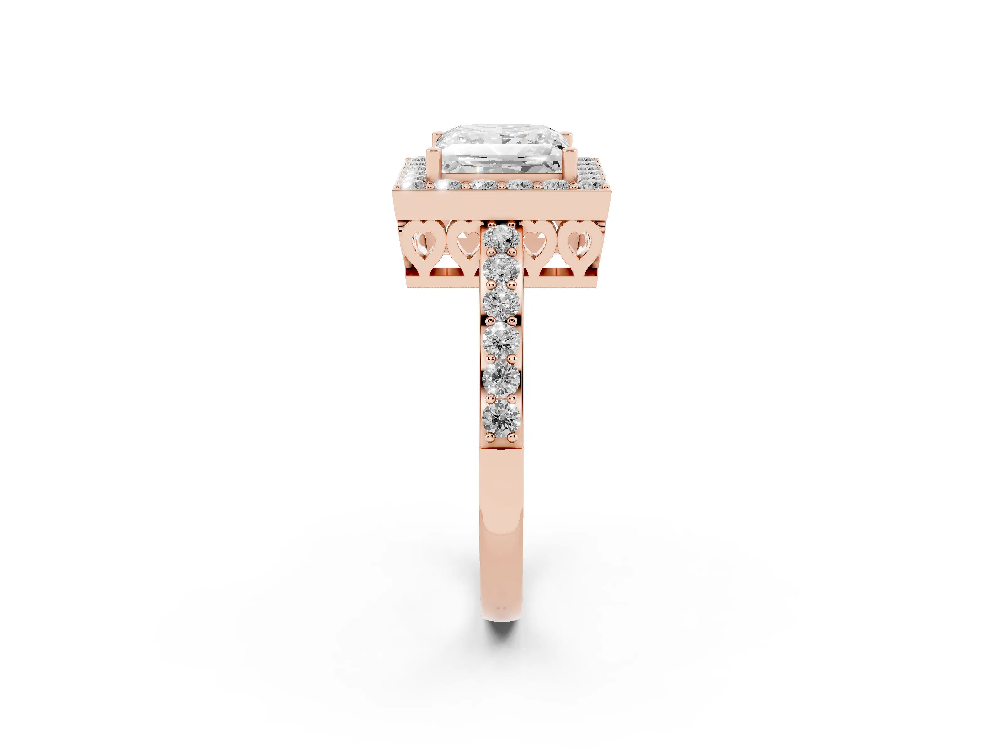 Princess Cut Diamond Halo Ring Set in Rose gold with Pavé-Setting Band and Open Prong Center