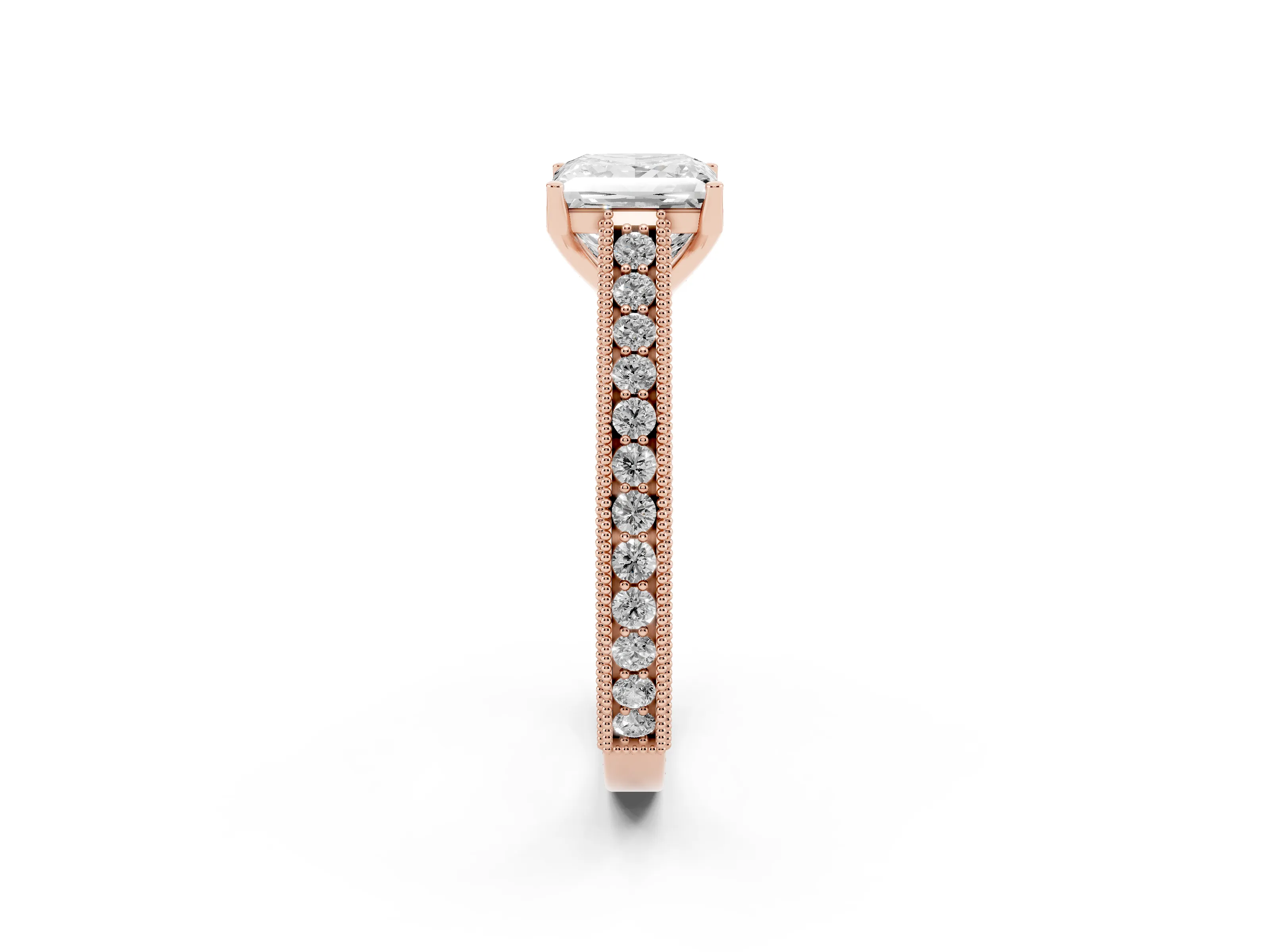 Princess Cut Diamond Milgrain Pavé Band Solitaire Ring Set in Rose gold with Prong Setting