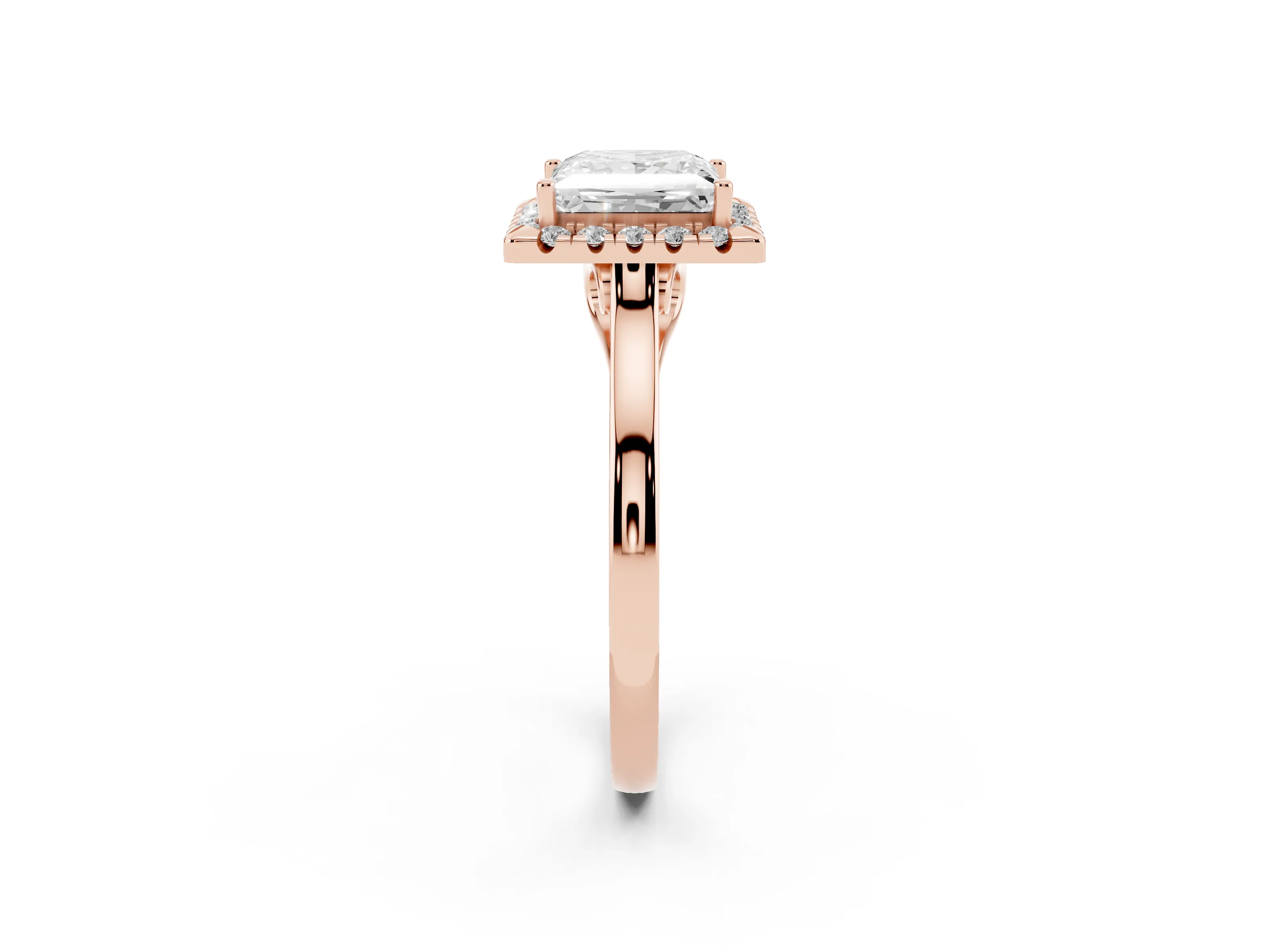 Princess Cut Halo Round Diamond Solitaire Ring Set in Rose gold with Pavé Band and Prong Setting