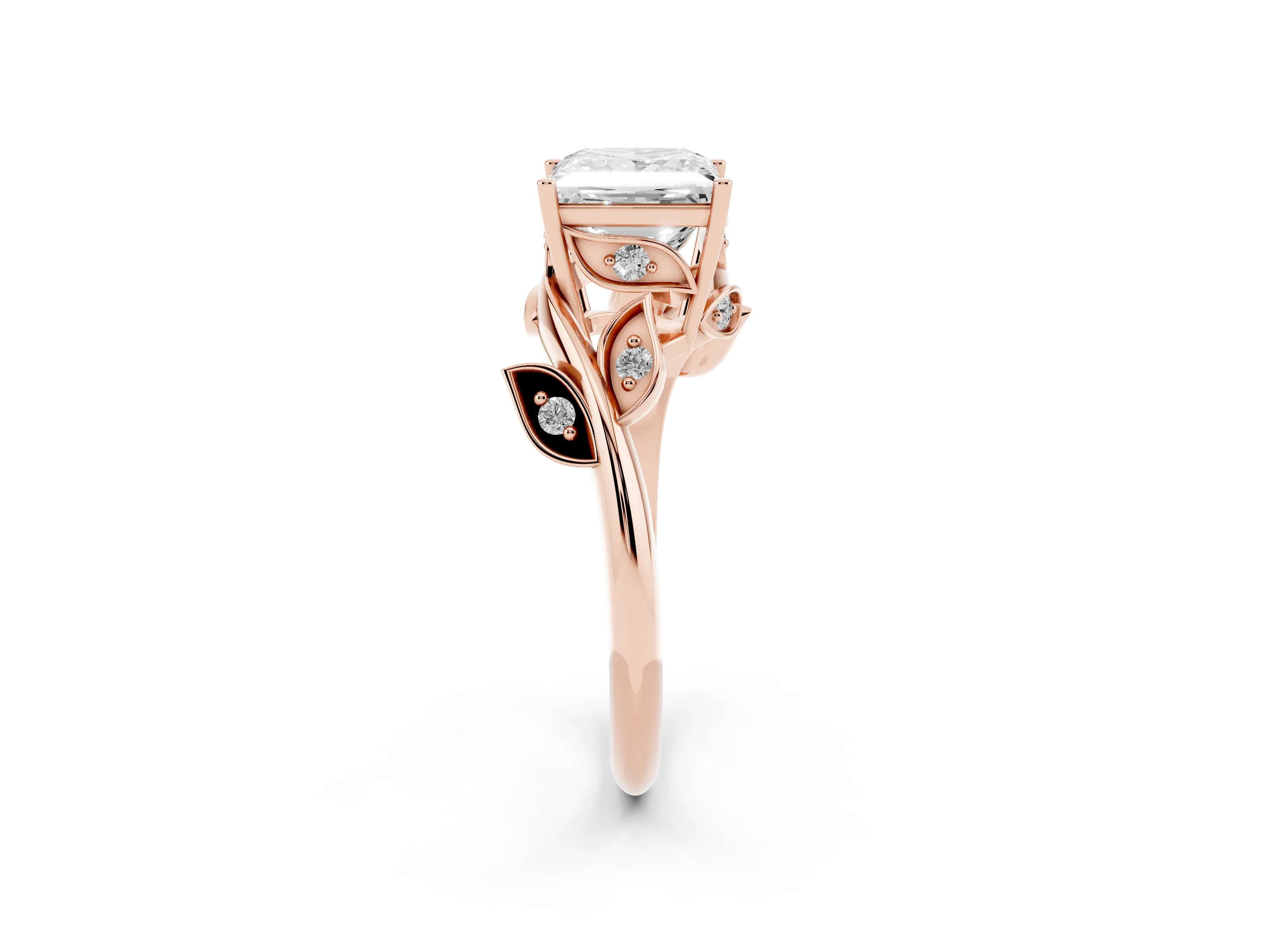 Princess Cut Diamond Solitaire Twist Engagement Ring Set in Rose gold with Pavé Leaf Accents