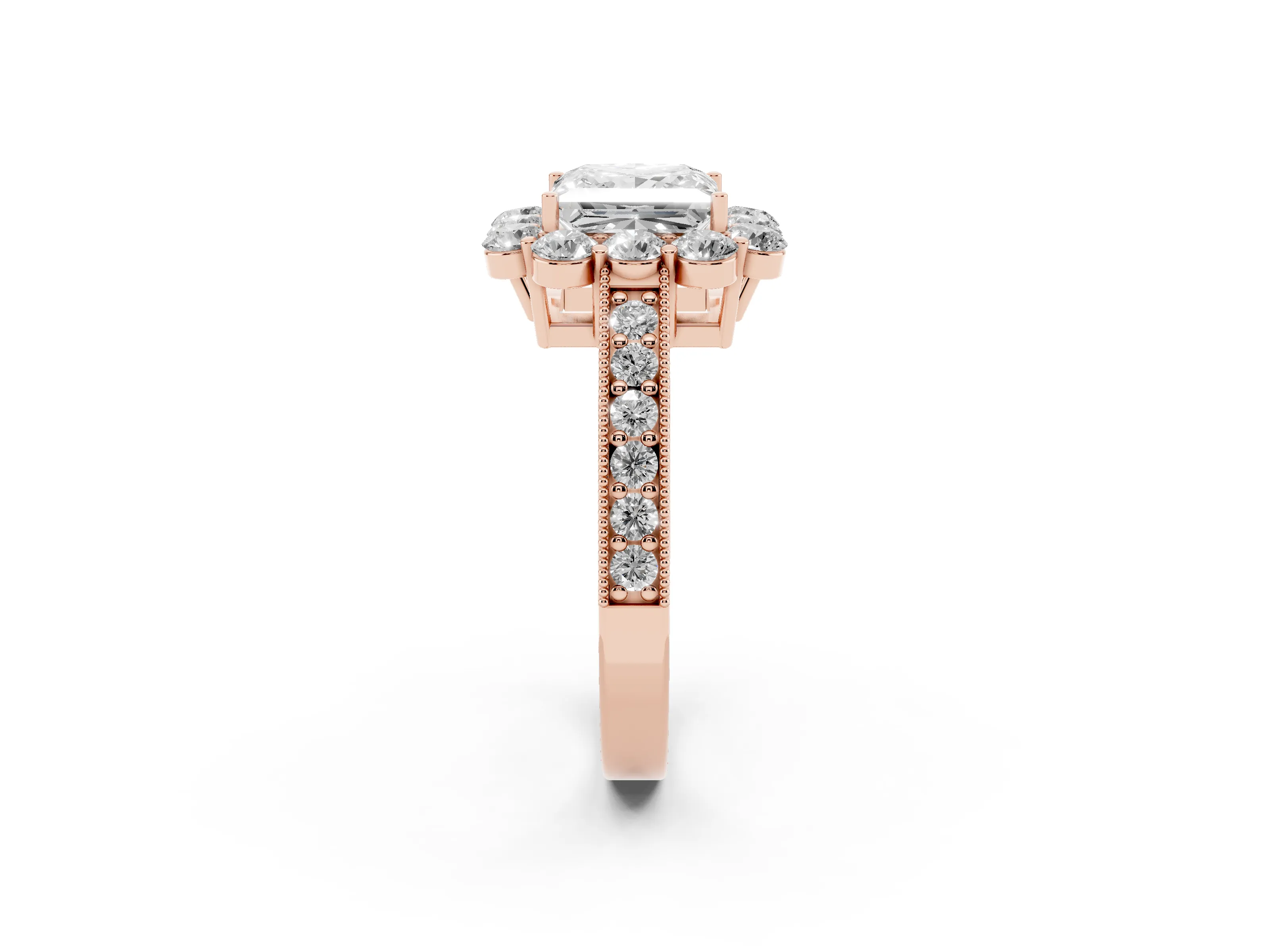 Princess Cut Diamond Halo Pavé Engagement Ring Set in Rose gold with Milgrain Detailing