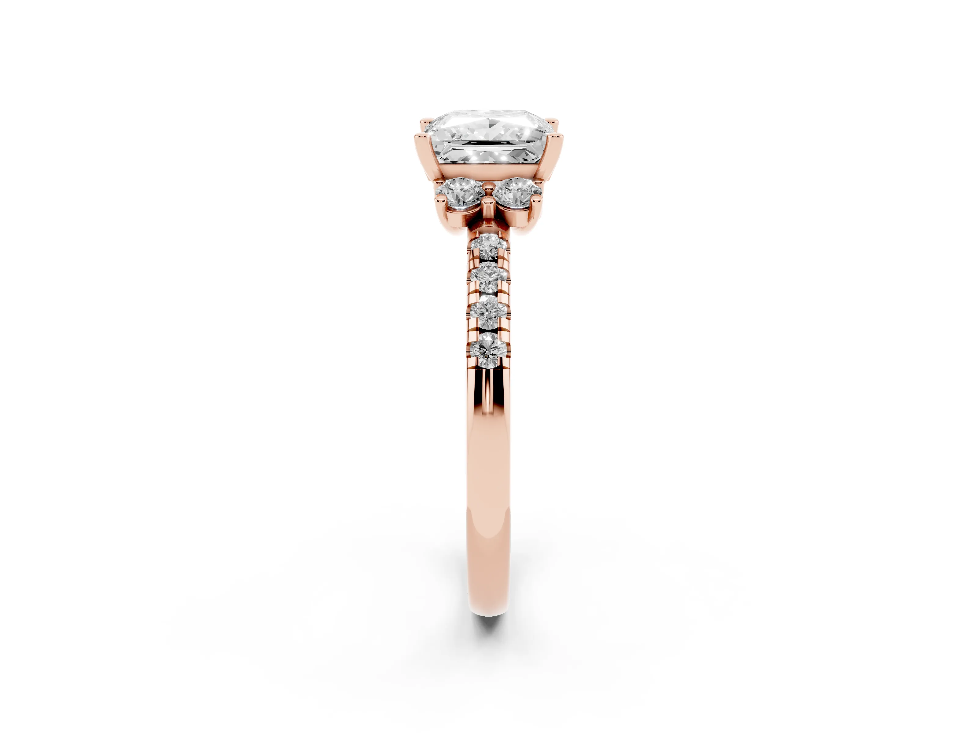 Princess Cut Diamond Three-Stone Pavé Ring Set in Rose gold with Prong Setting