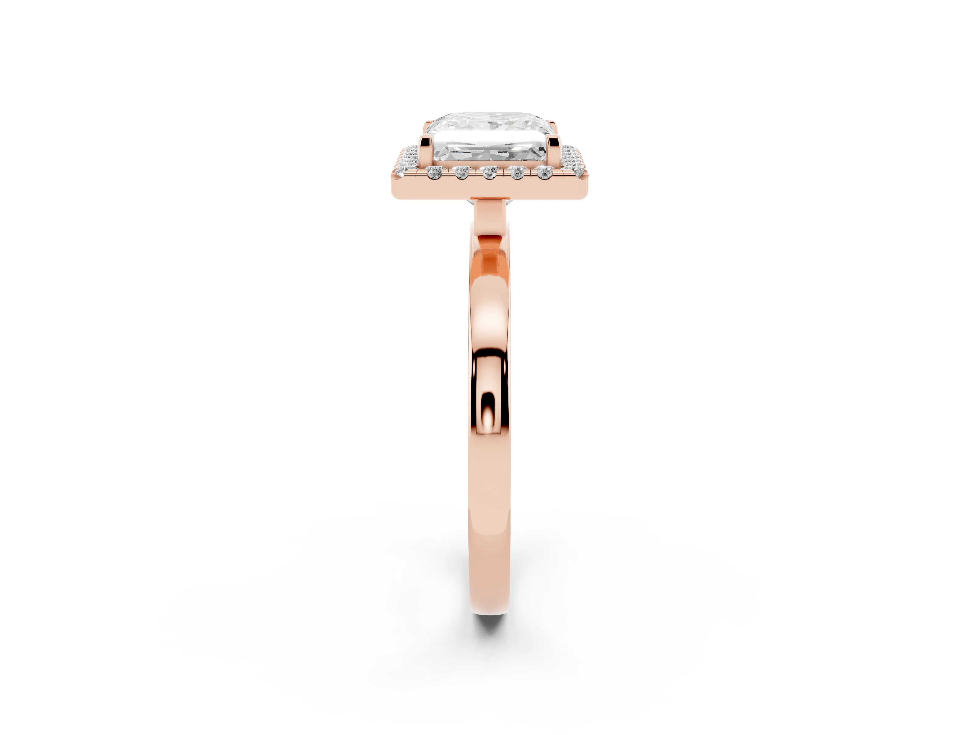 Princess Cut Diamond Halo Solitaire Ring Set in Rose gold with Pavé Band and Prong Setting