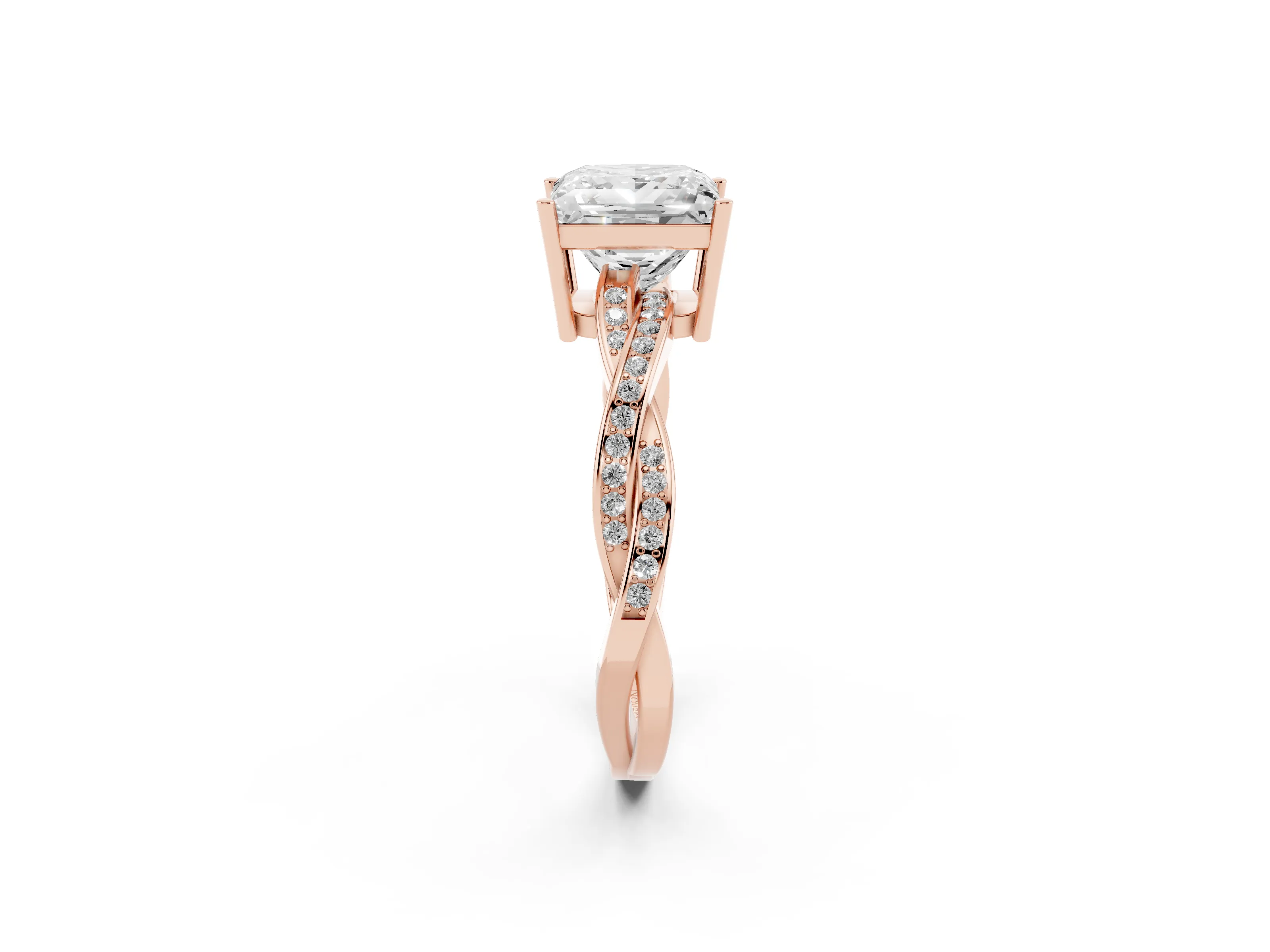 Princess Cut Diamond Solitaire Twisted Pavé Ring Set in Rose gold with Prong Setting